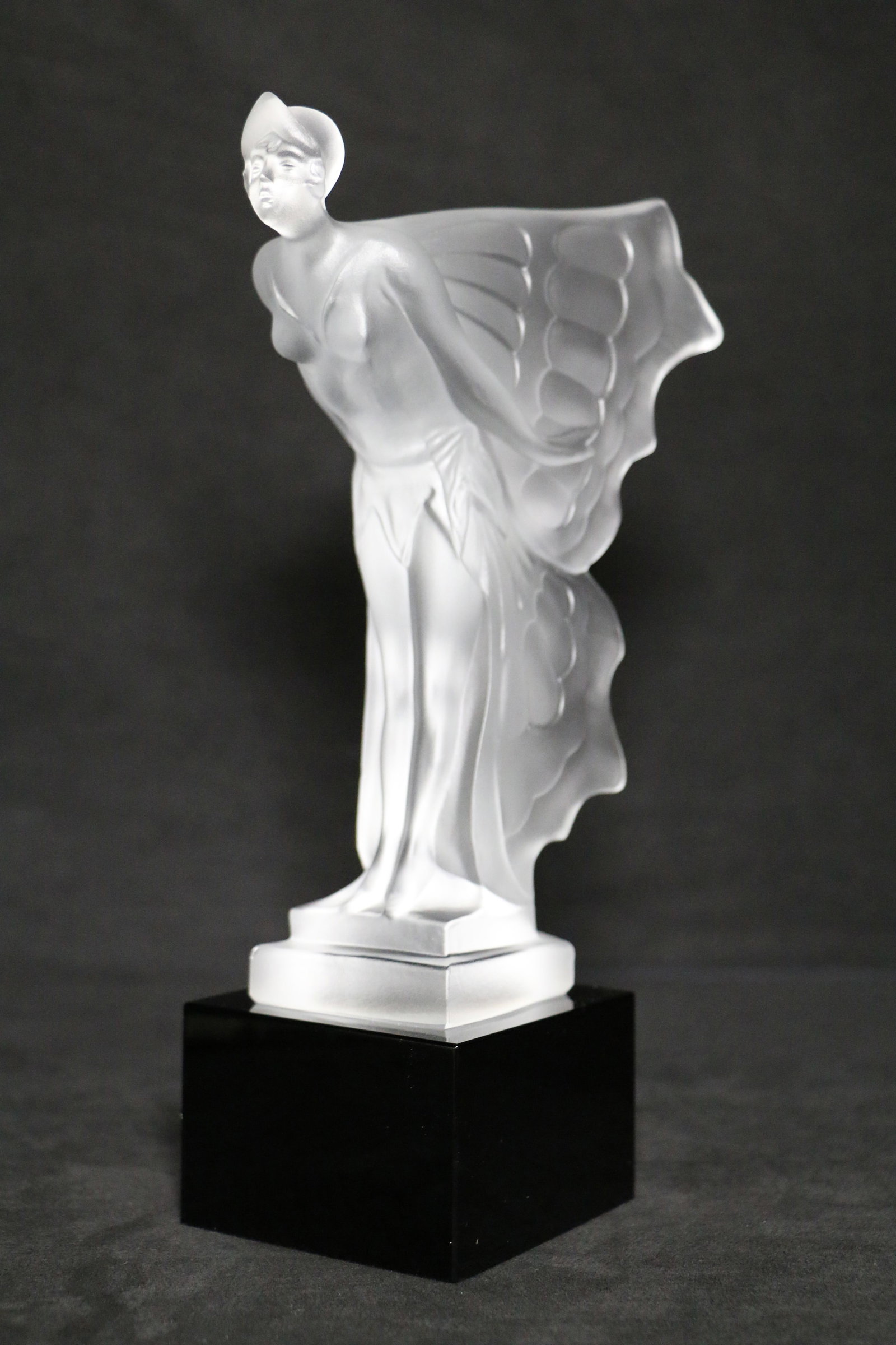 Art Deco, Night Butterfly, Car Mascot: Frosted crystal figurine, car ornament, in the style of Lalique; No maker marks observed; Measures approximately H 9 3/4 x W 5 3/4 x D 3 inches; Small chips in glass and on black base. See photos (T1)