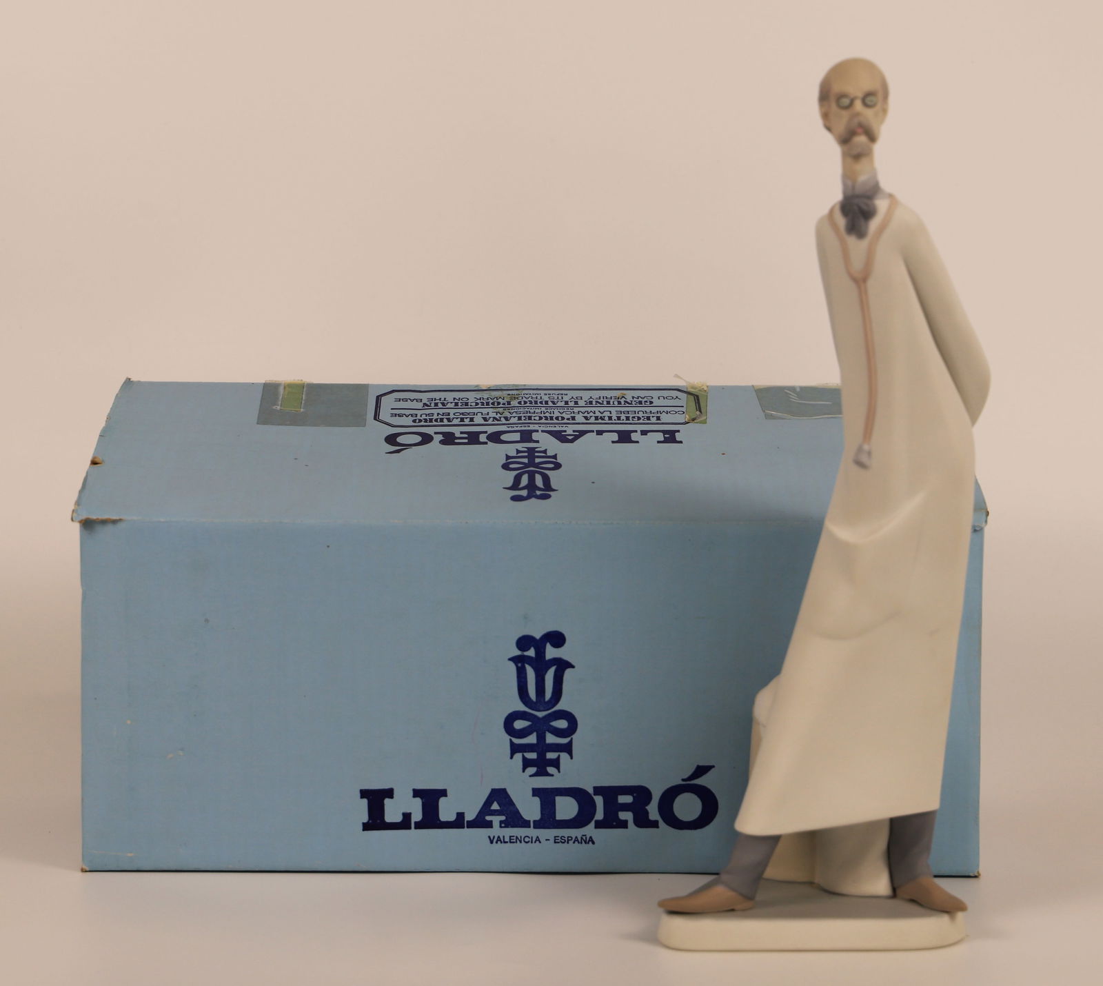 Lladro, Figurine: Bisque Doctor; Number 4602-R; In original box; Measures approximately H 14 x W 5 x D 4 1/4 inches; No damage observed on figurine; Box shows wear. See photos