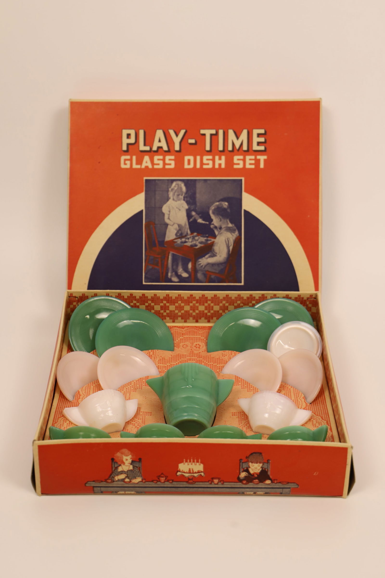 Akro Agate Co., Tea Set: Vintage Play-Time Glass Dish Set; Number 234; In original box; Box measures approximately H 2 1/2 x W 11 x D 9 1/2 inches; No damage observed. See photos