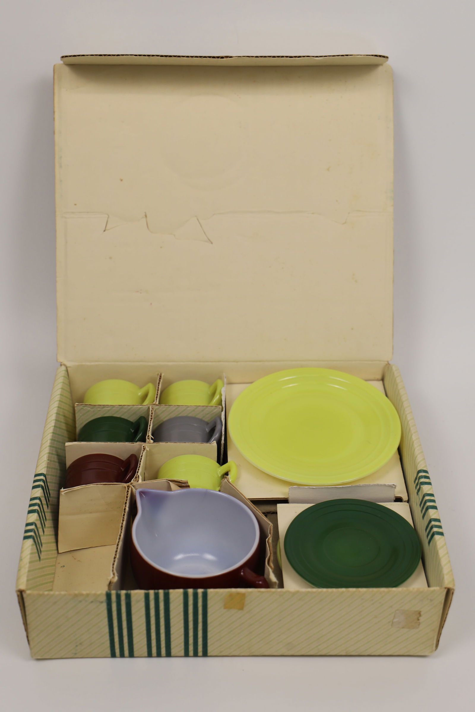 Hazel Atlas, Little Hostess Party Set: Vintage child's glass tea set; In original box; Box measures approximately H 2 3/4 x W 11 1/4 x D 10 inches; Missing teapot lid; Box shows wear. See photos