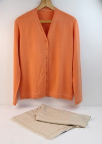 Loro Piana, Scarf/Shawl, Cardigan: Long scarf/shawl by Loro Piana with hand-stitched small sequins; Material is 60% cashmere, 25% silk and marked "Made in Italy" on the tag; Long sleeved V-neck button front cardigan in coral color; Inn