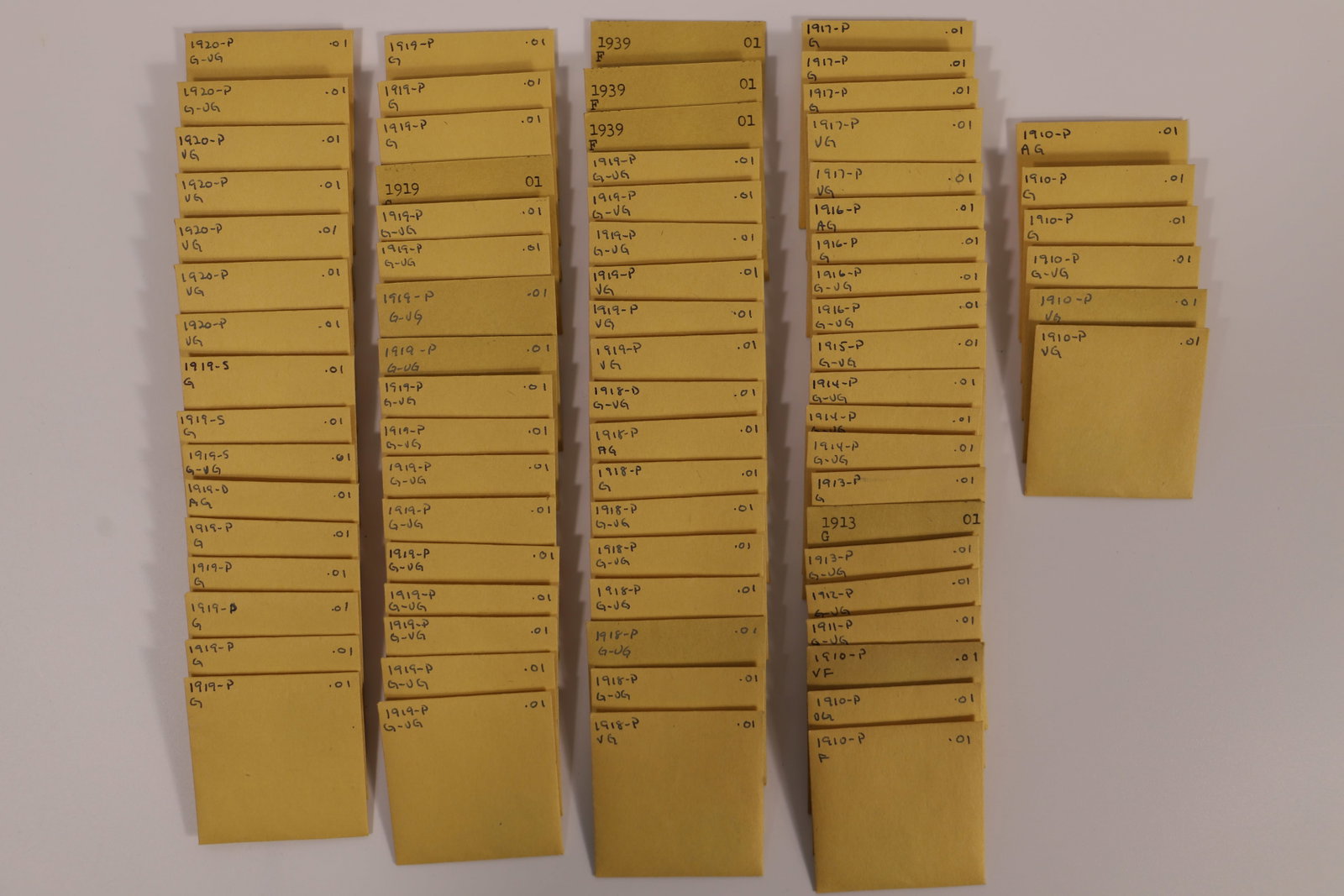 US One Cent Coins: Collection of circulated United State pennies; They date from 1910 to 1939; Cannot guarantee what is written on envelopes is accurate. See photos