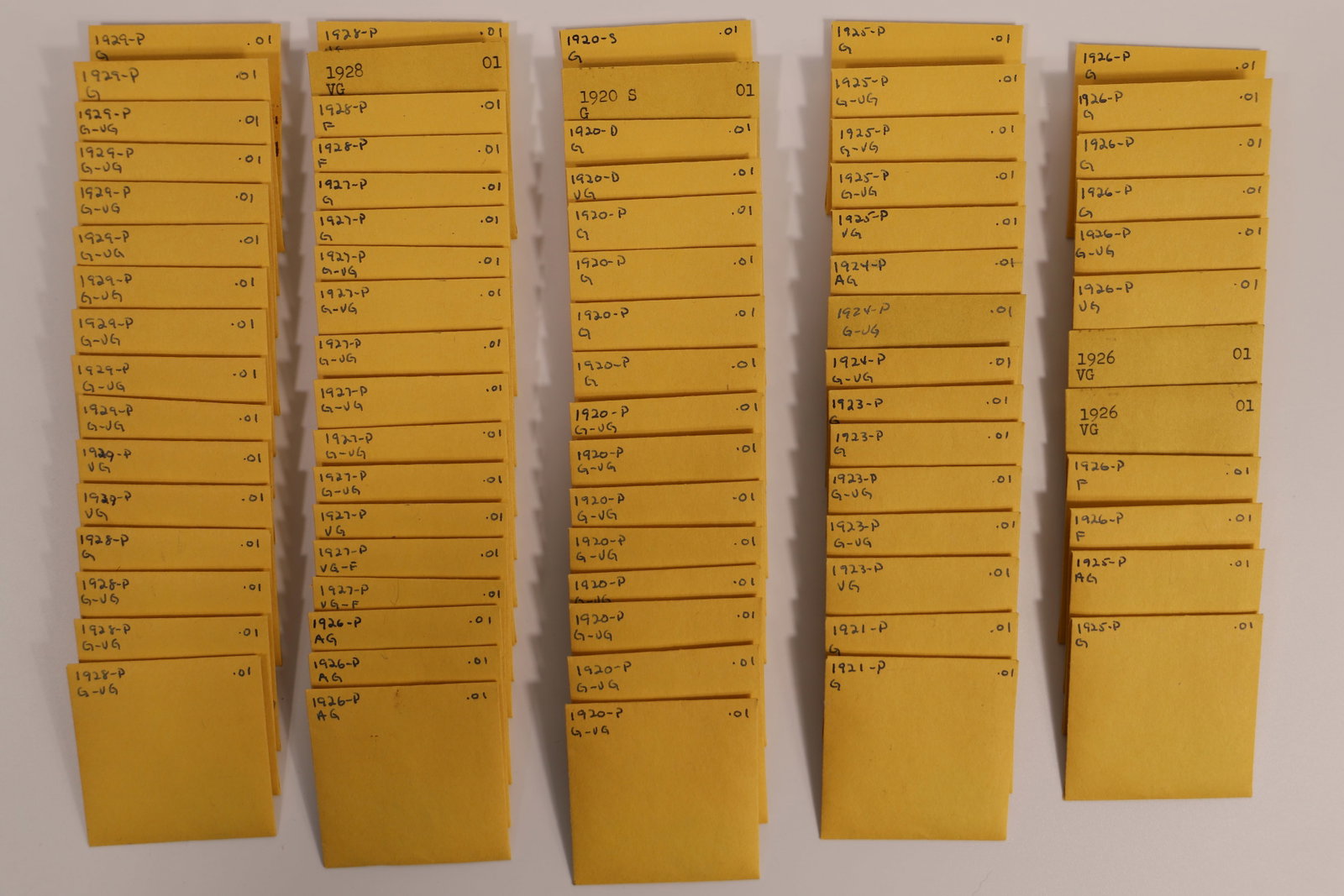 US One Cent Coins: Collection of circulated United State pennies; They date from 1920 to 1929; Cannot guarantee what is written on envelopes is accurate. See photos
