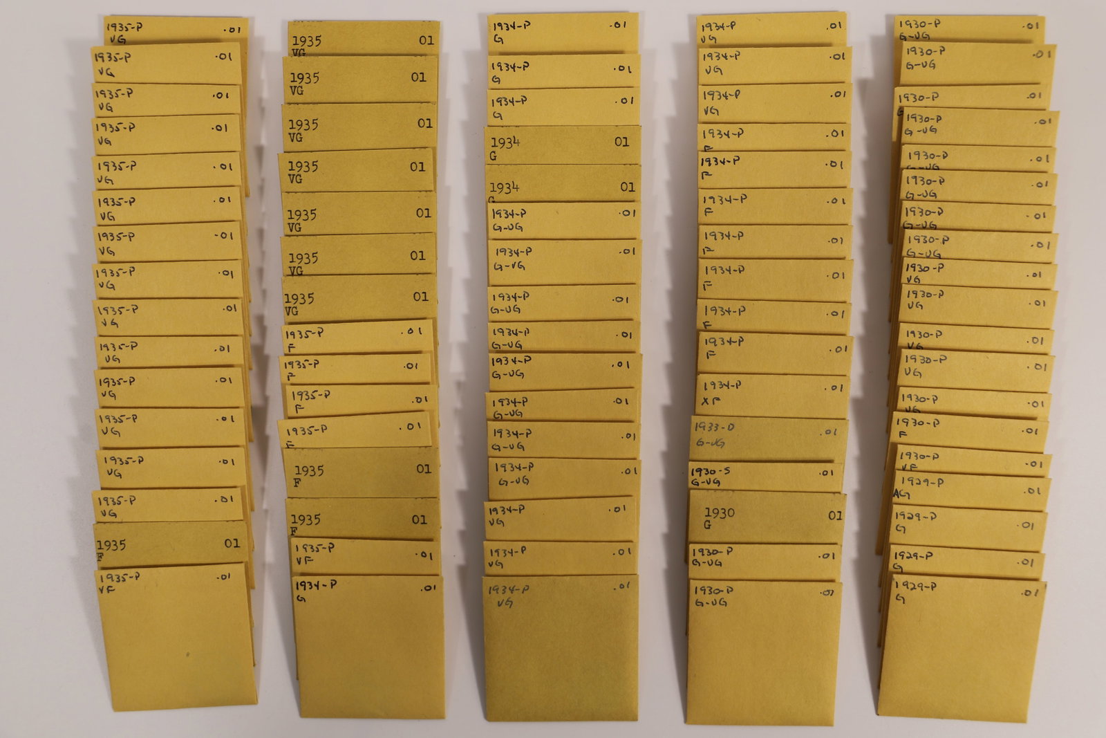 US One Cent Coins: Collection of circulated United State pennies; They date from 1929 to 1935; Cannot guarantee what is written on envelopes is accurate. See photos