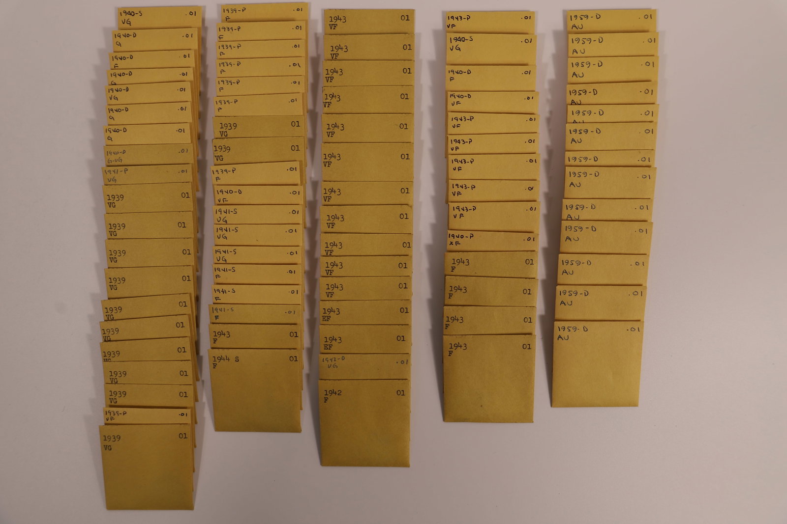 US One Cent Coins: Collection of circulated United State pennies; They date from 1939 to 1944; Cannot guarantee what is written on envelopes is accurate. See photos