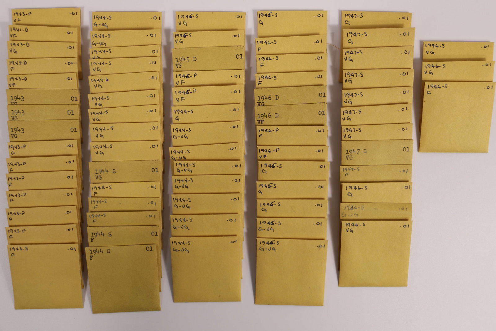 US One Cent Coins: Collection of circulated United State pennies; They date from 1941 to 1947; Cannot guarantee what is written on envelopes is accurate. See photos