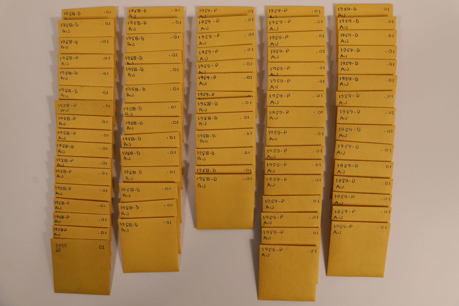 US One Cent Coins: Collection of circulated United State pennies; They date from 1958 to 1959; Cannot guarantee what is written on envelopes is accurate. See photos