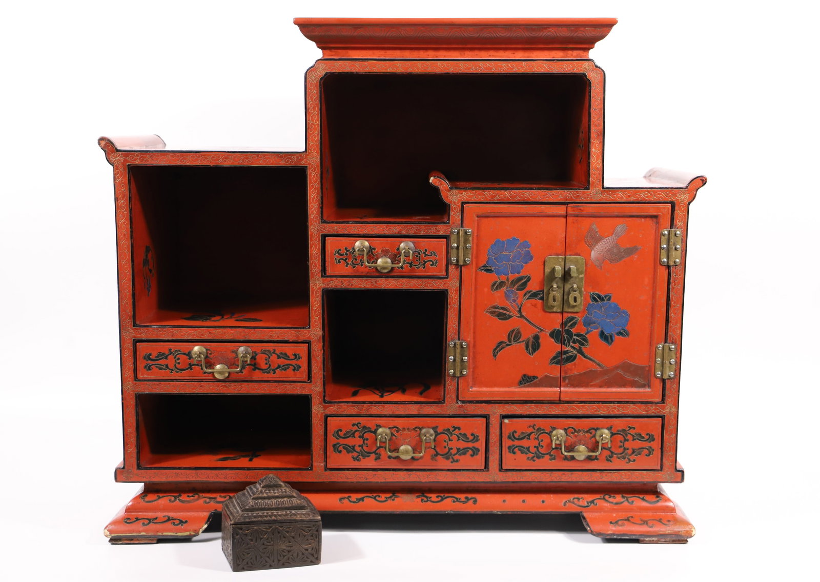 Chinese Red Apothecary Cabinet: Red lacquer curio with painted designs; Small wood box with sliding lid; Box has Chinese wax seal; No maker marks observed; Apothecary measures approximately H 20 1/2 x W 24 D inches; Apothecary has a