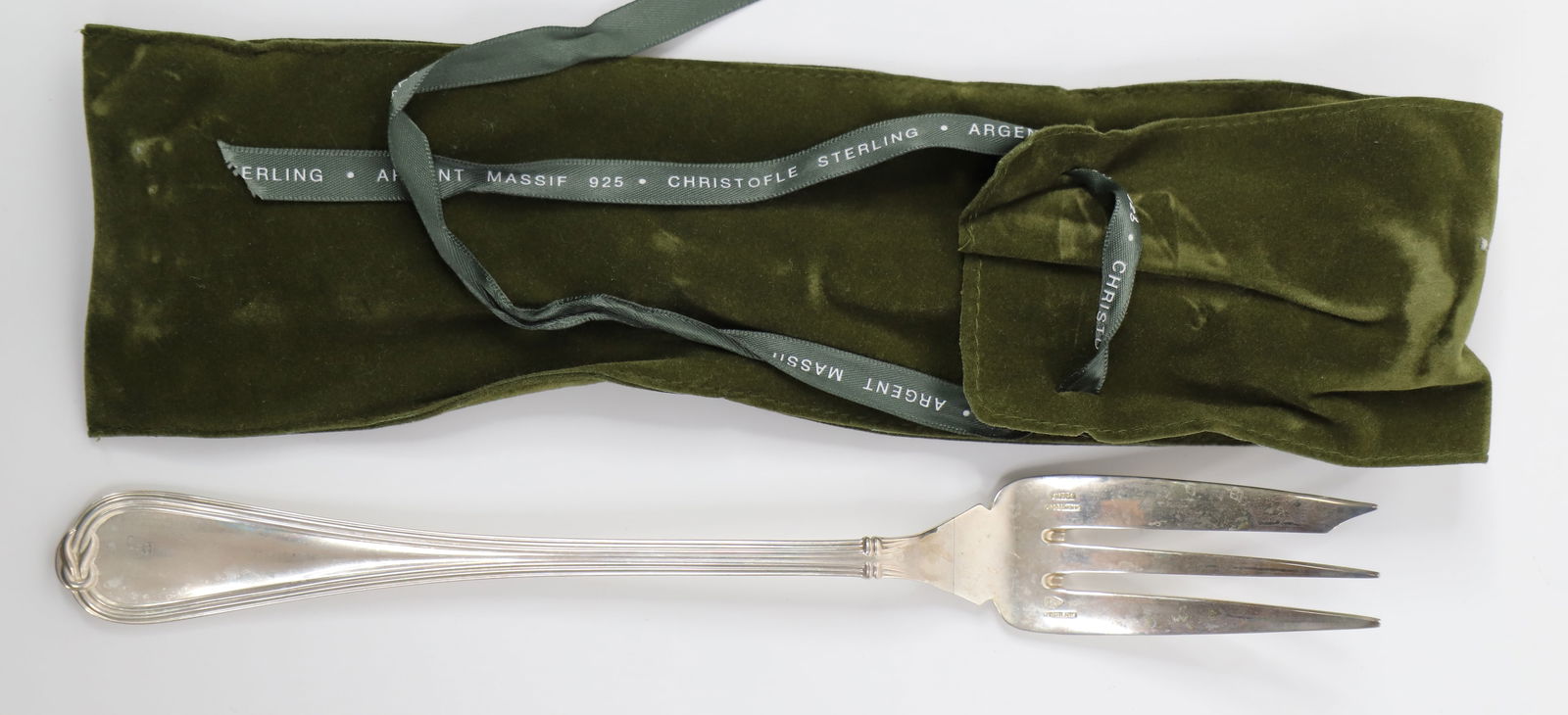 Christofle, Sterling Silver Fork: Large serving fork; In the "Oceana: pattern; Weighs approximately 3.590 troy ounces; In used condition. See photos