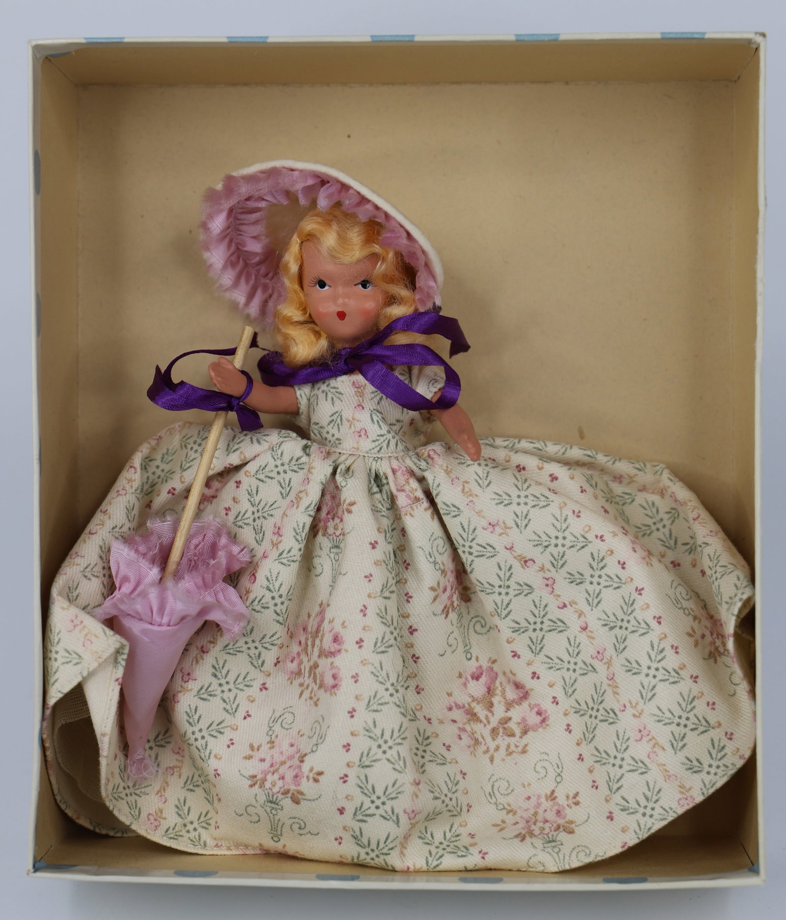 Nancy Ann Storybook Doll: "A Shower Girl For April"; Number 190; Painted face, stiff legs; Doll measures approximately H 6 inches; No guarantee doll is in correct box. See photos
