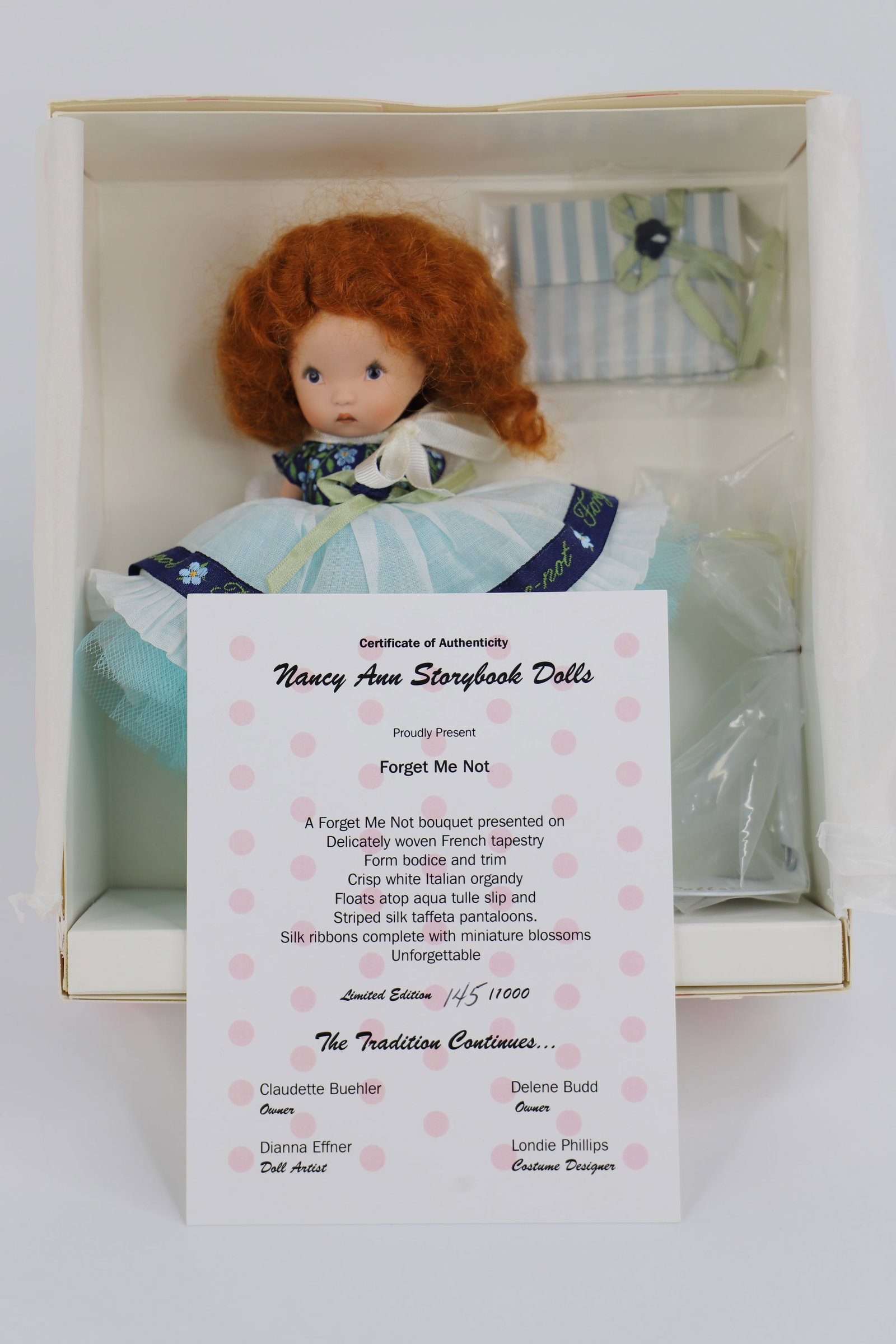 Nancy Ann Storybook Doll: "Forget Me Not"; Number 4; Limited edition 145/1000; Doll has not been removed from box; Measures approximately H 6 1/4 inches; No damage observed. See photos