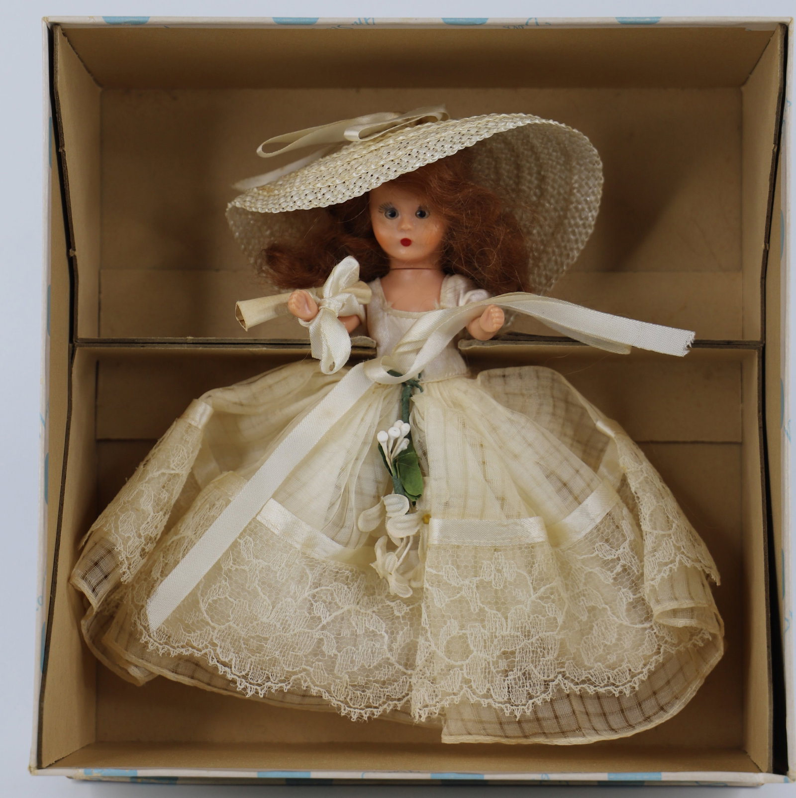 Nancy Ann Storybook Doll: "Commencement Series Graduation"; Plastic with open/close eyes; Measures approximately H 6 inches; Box lid is damaged; Clothes are discolored; No guarantee dolls are in correct box. See photos