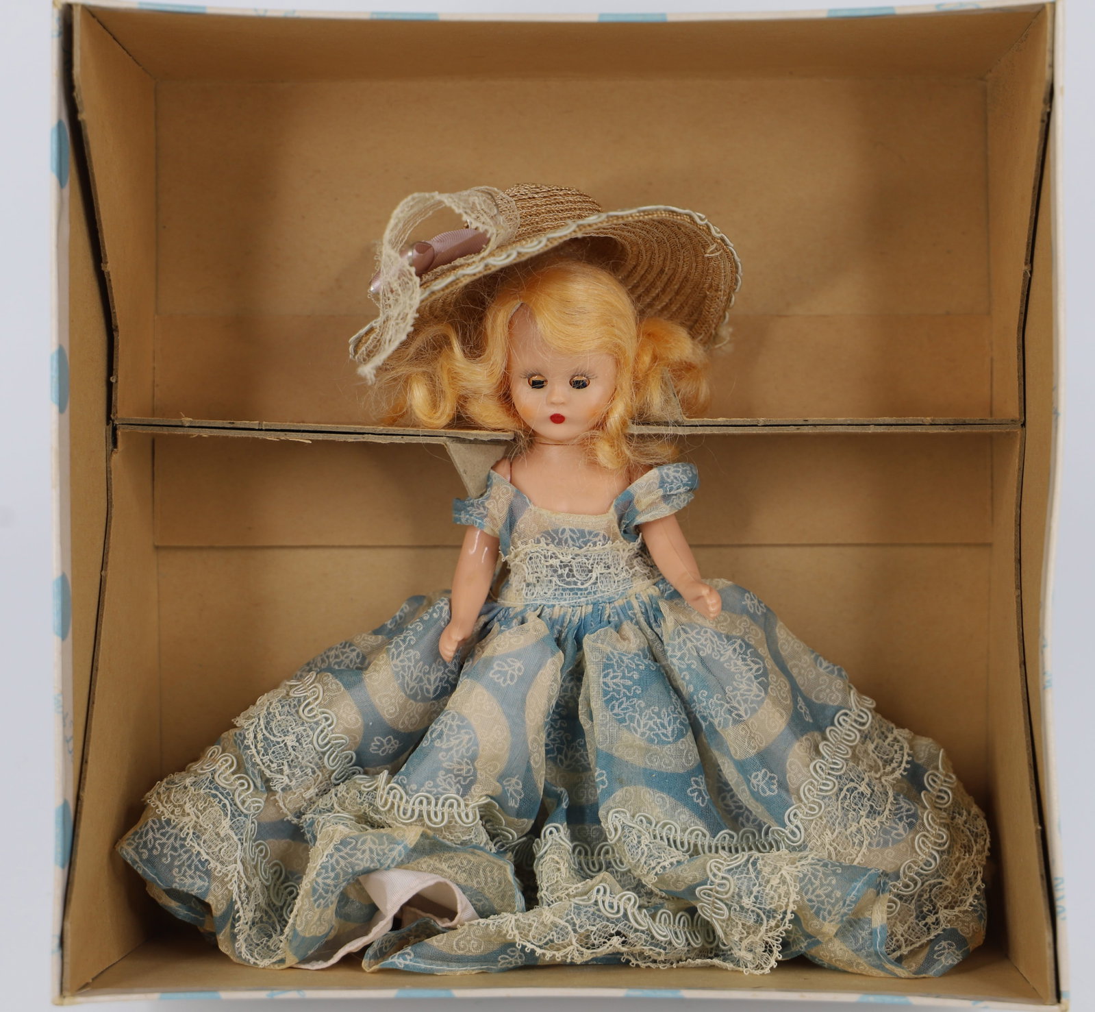 Nancy Ann Storybook Doll: "All Time Hit Parade Series-Mary Lou"; Number 410; Plastic doll with open/close eyes; Measures approximately H 6 1/4 inches; Box lid is torn; No guarantee doll is in correct box. See photos