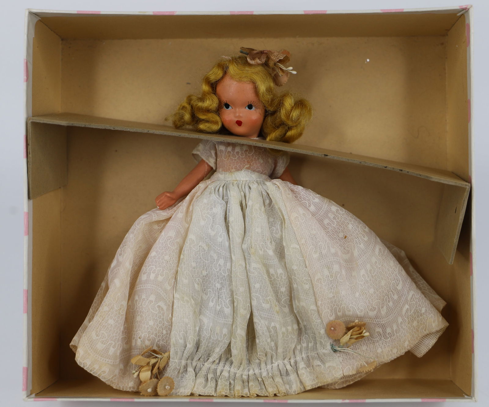 Nancy Ann Storybook Doll: Bisque doll, painted face, jointed legs; Name unknown; Measures approximately H 6 inches; Head is loose; Hair is detaching; Clothes are stained; Box has damage. See photos