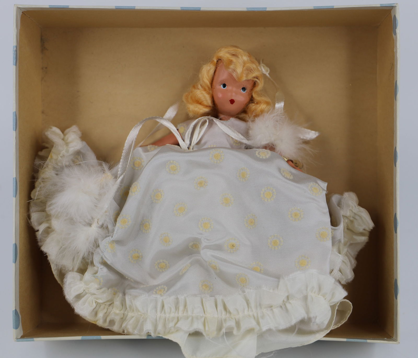 Nancy Ann Storybook Doll: "A February Fairy Girl for the Ice and Snow"; Number 188; Bisque doll with stiff legs; Gold label on wrist; Measures approximately H 6 inches; Head is loose, damage on neck and head; Box lid is torn;