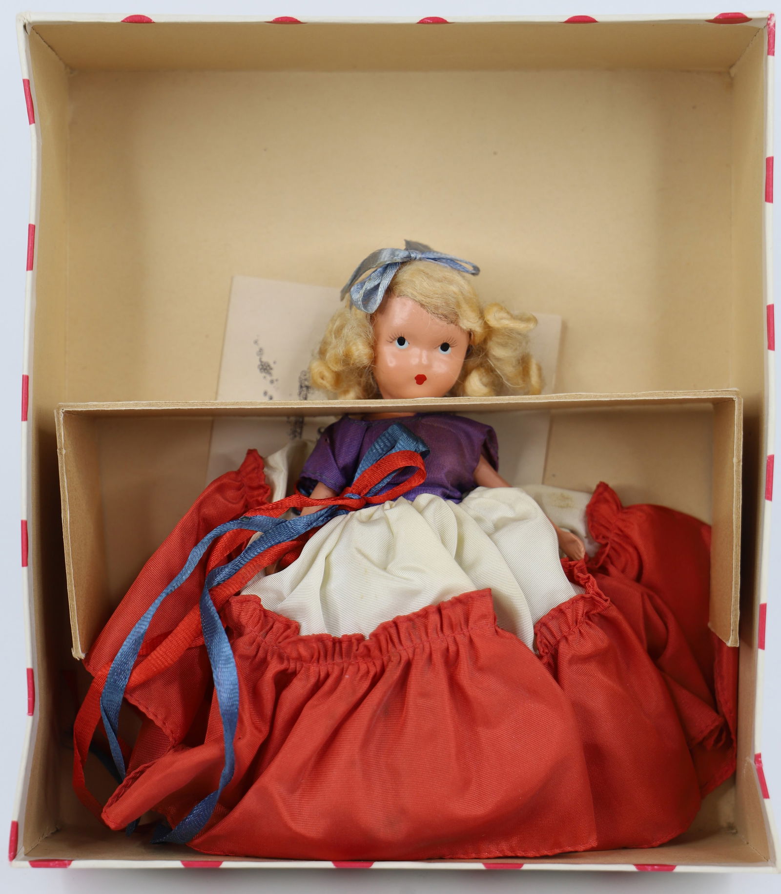 Nancy Ann Storybook Doll: "A Very Independent Lady for July"; Number 193; Bisque, painted face, stiff legs; Doll measures approximately H 6 inches; Damage on neck; Stains on clothes; No guarantee doll is in correct box. See ph