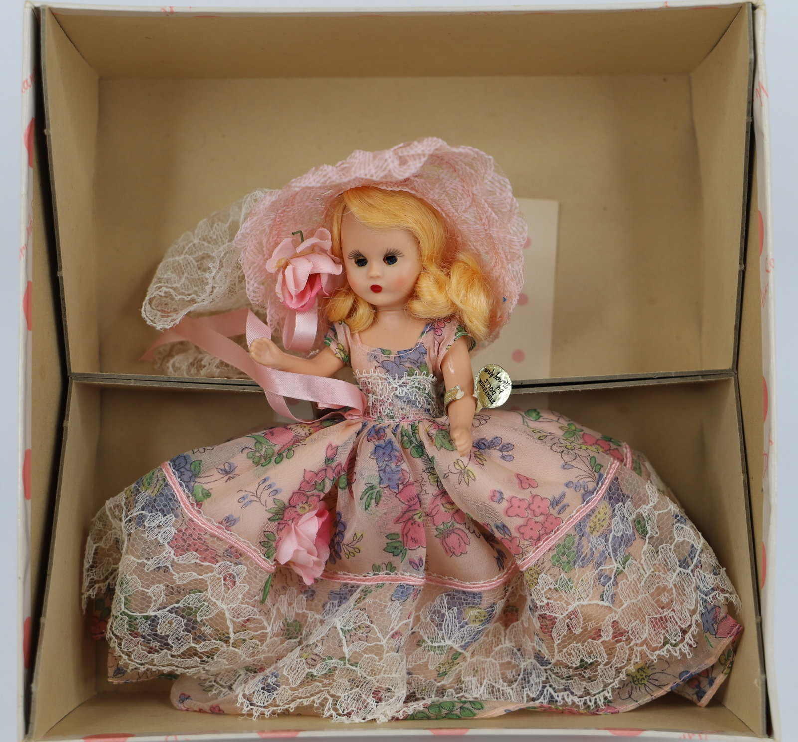 Nancy Ann Storybook Doll: All Time Hit Parade Series "Only a Rose"; Number 406; Hard plastic with open/close eyes; Measures approximately H 6 inches; Gold label on wrist is torn; No guarantee doll is in correct box. See photos