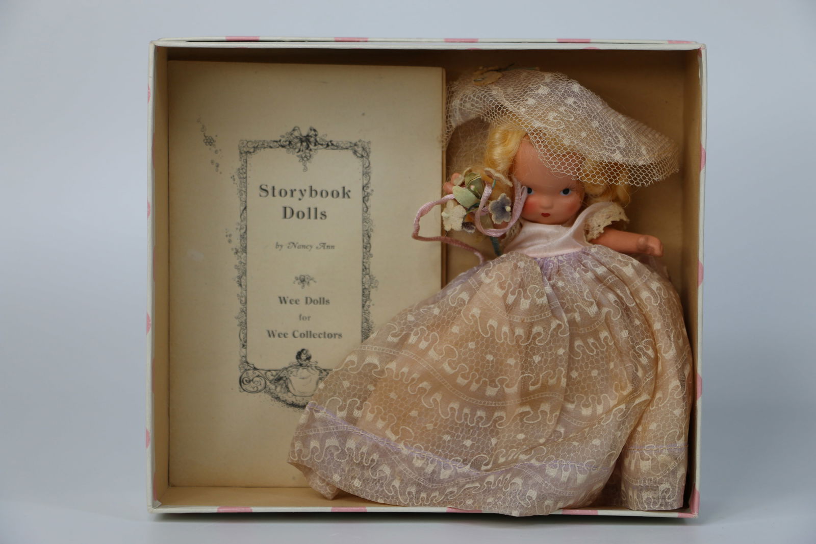 Nancy Ann Storybook Doll: Family Series "Bridesmaid"; Number 87; Bisque with jointed legs; Measures approximately H 5 1/4 inches; Secondary stickers on box; Stains on clothes; No guarantee doll is in correct box. See photos