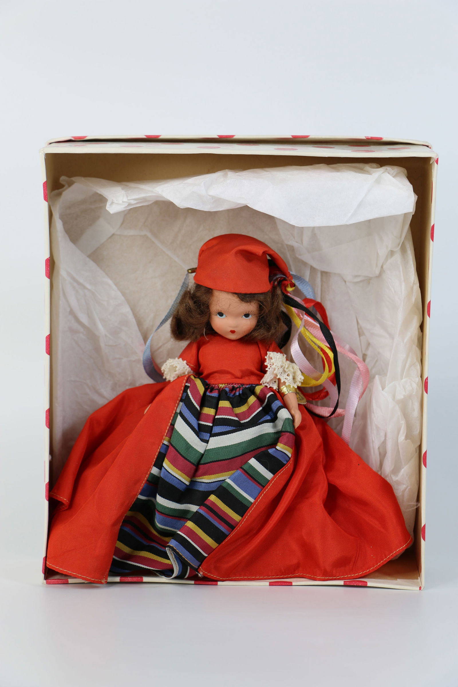 Nancy Ann Storybook Doll: "A January Merry Maid for New Year"; Number 187; Bisque with jointed legs; Gold wrist tag; Measures approximately H 6 1/2 inches; No guarantee doll is in correct box. See photos