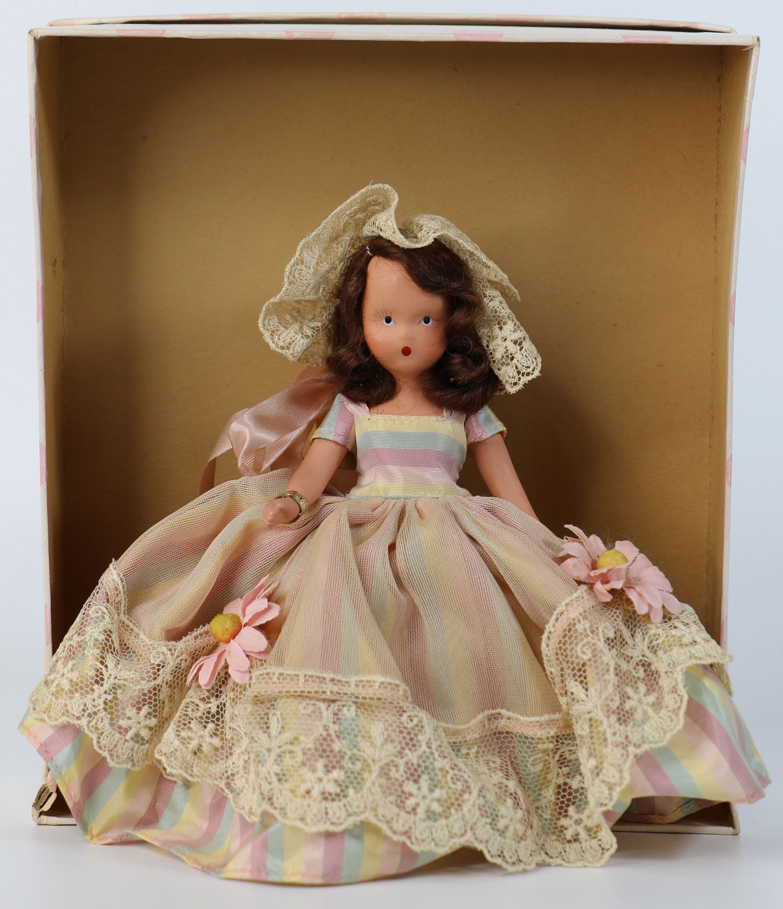 Nancy Ann Storybook Doll: Operetta Series " Naughty Marietta"; Number 307; Bisque with stiff legs; Partial gold label on right wrist; Measures approximately H 6 1/2 inches; Box lid is torn; No guarantee doll is in correct box.