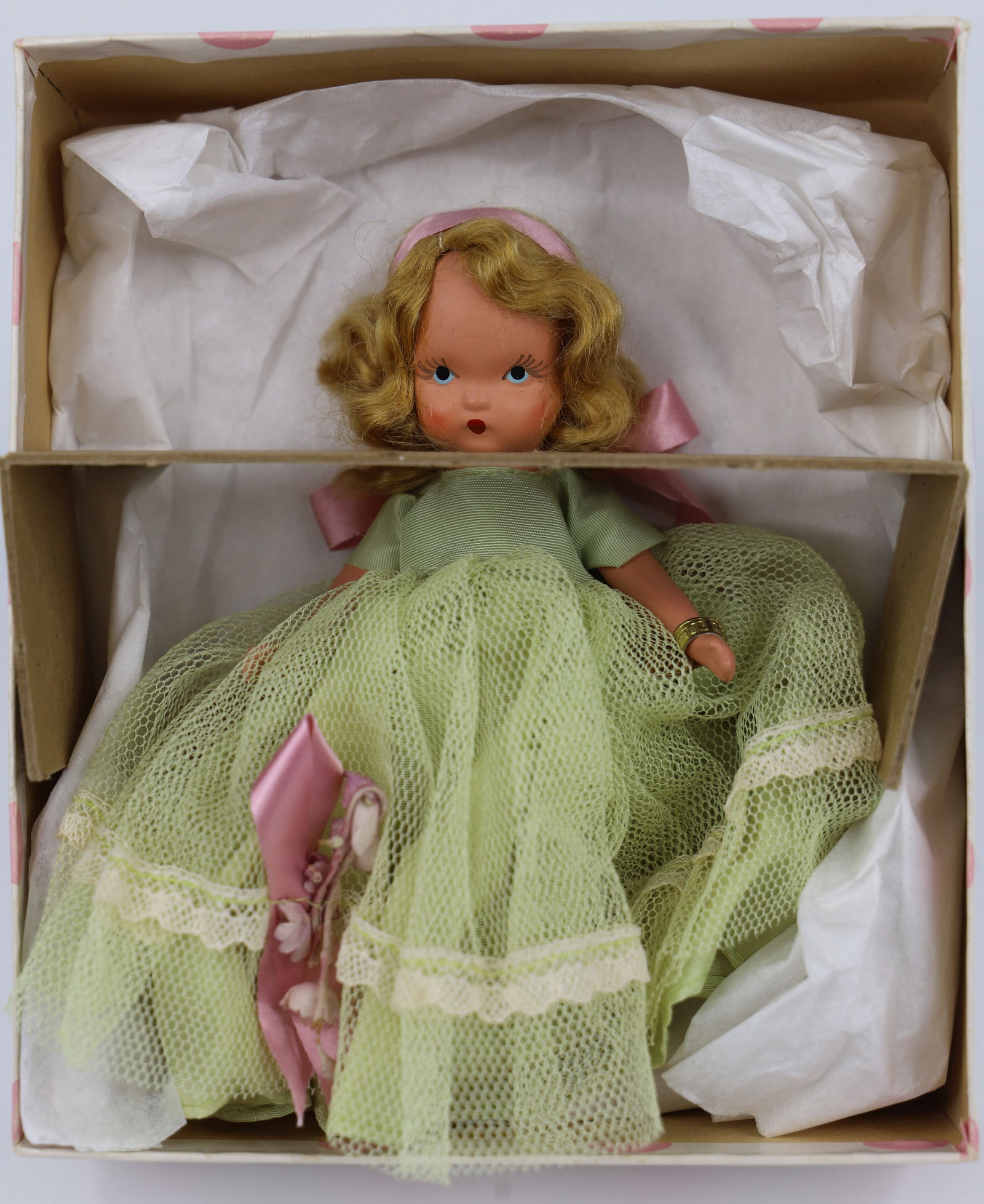 Nancy Ann Storybook Doll: Seasons Series "Spring"; Number 90; Bisque with stiff legs; Gold label on left wrist; Measures approximately H 5 1/4 inches; No guarantee doll is in correct box. See photos