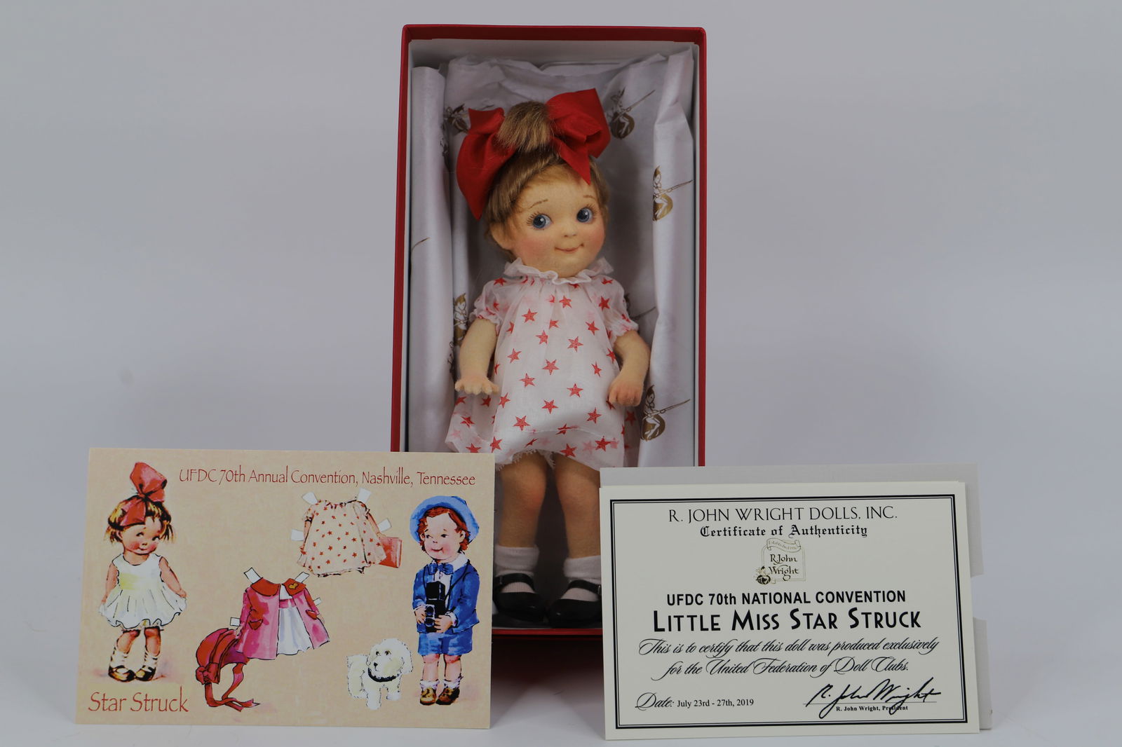 R. John Wright, Doll: UFDC 70th Annual Convention exclusive limited edition; "Little MIss Starstruck" doll; In original box with certificate of authenticity; Measures approximately H 8 inches; No damage observed. See photo