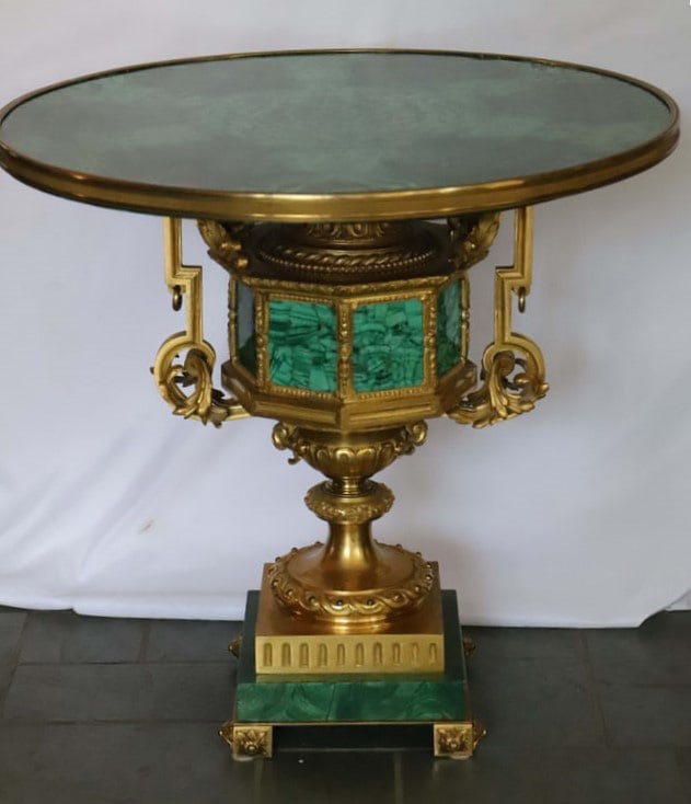 Ormolu, Malachite Side Table: Ormolu side table with malachite inlay and round malachite table top; Table top rotates over base; Possibly of Middle Eastern origin; No maker mark observed; Measures approximately H 27 x Diameter 28