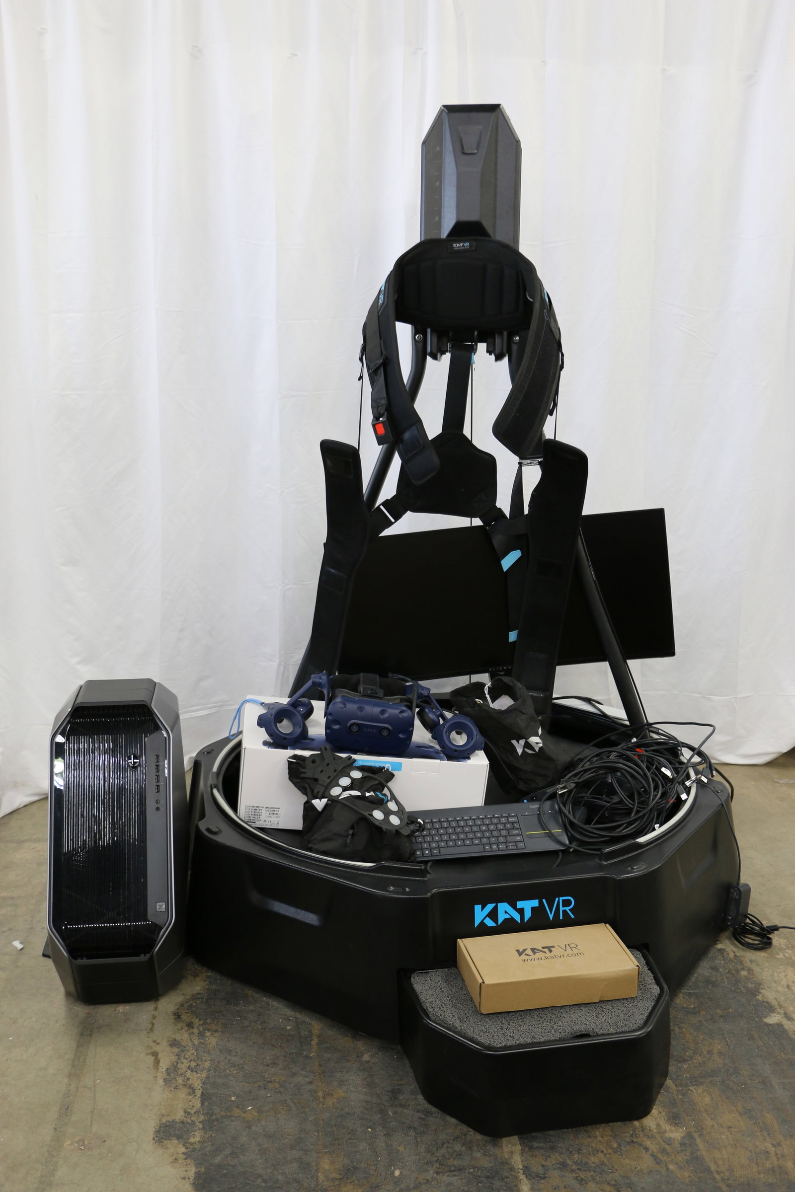 Kat VR, Alienware, Vive Pro, Virtual Reality Equipment: Kat VR KAT Walk mini; Four pairs of shoes; Size Medium to XXL; Vive Pro Headset with two controllers; Dell Alienware model D03X; Logitech keyboard; Alienware G Sync curved monitor; Monitor measures ap