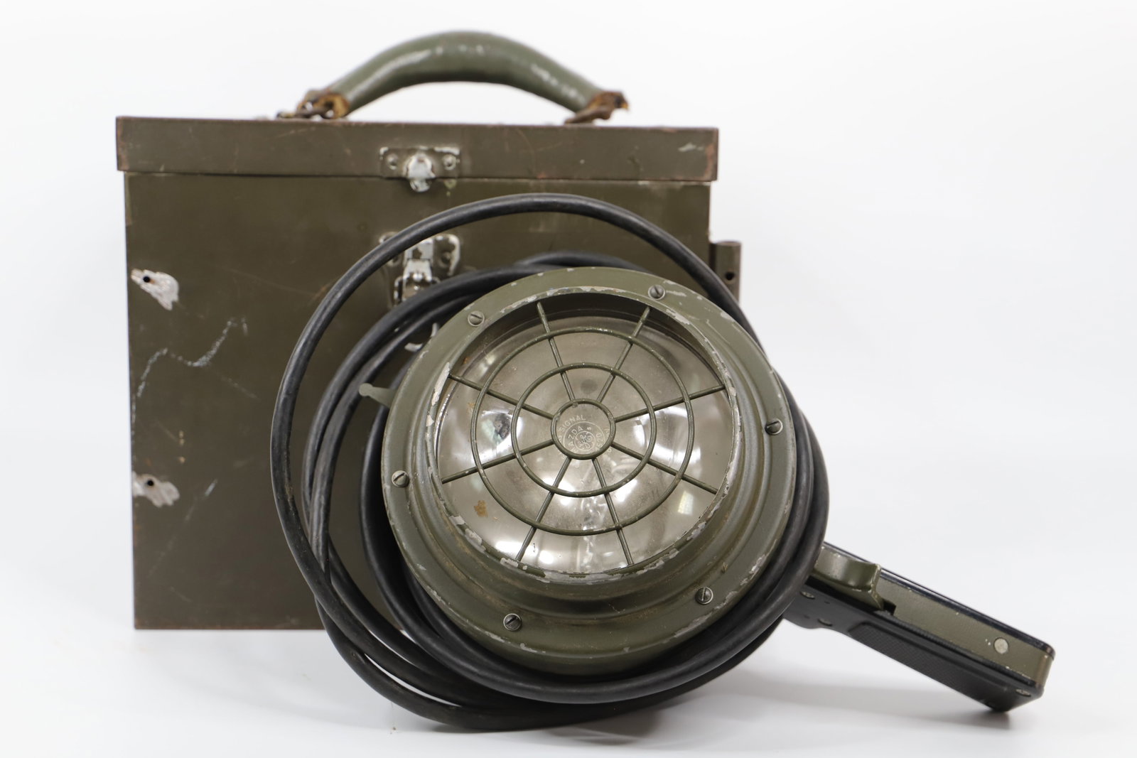 Grimes, Spotlight: Vintage Grimes Aircraft Lighting military spotlight / signal light; Comes in a metal case; Case measures approximately H x W x D inches; Working condition unknown. Scratches and dents to light and box