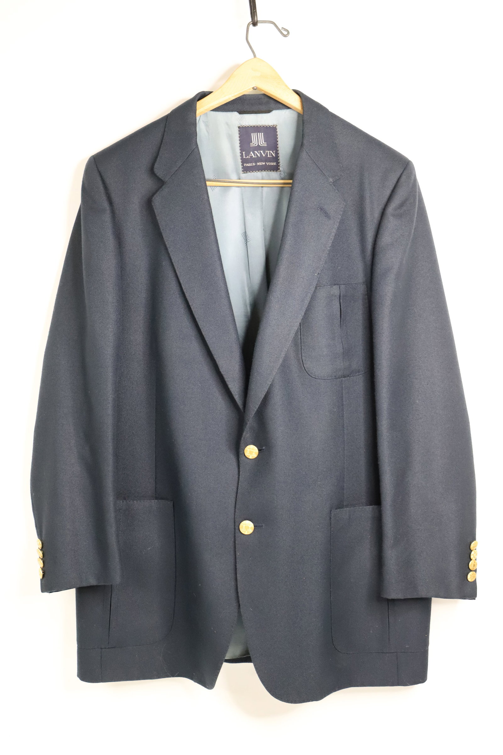 Lanvin, Blazer: Men's blazer by Lanvin; Measures approximately chest 23 x sleeve to sleeve 18 x arm 25 x length 33 inches; Stitching inside in both armpits separating, discoloration on the front of jacket. See photos