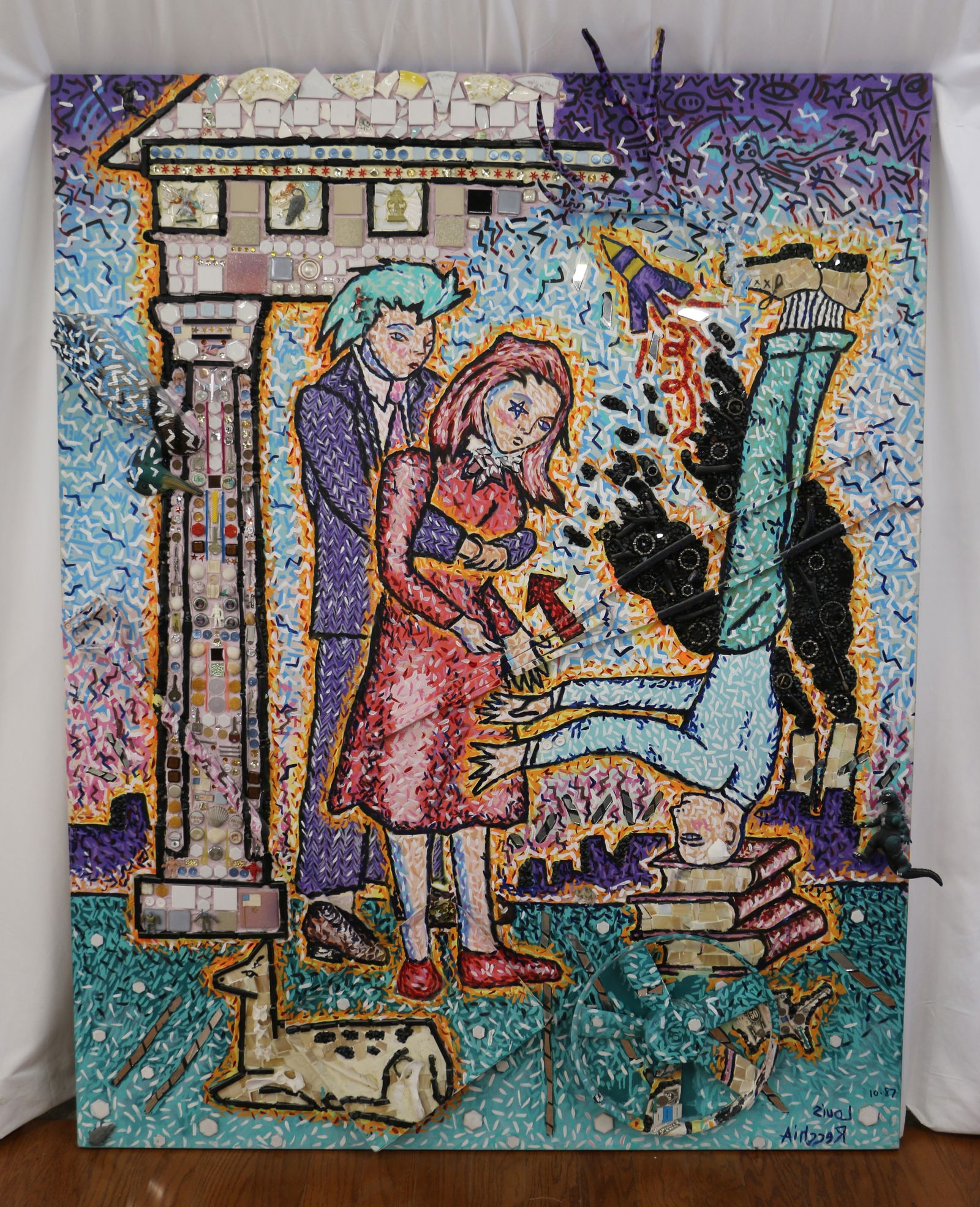 Louis Recchia, Contemporary Art: Very large mixed media art on canvas; 3D piece with attached antlers, bottle caps, a crutch, shovel, steering wheel and more; Titled "Heimlich Maneuver"; Some add-ons have been painted with oil to ble