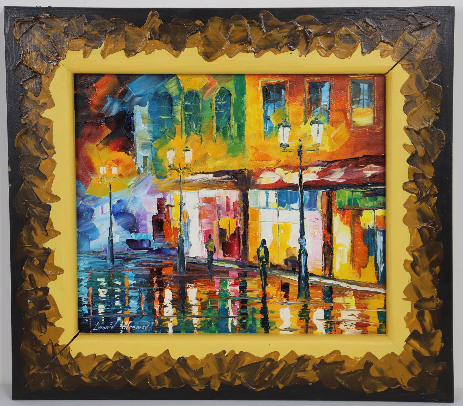 Leonid Afremov, Painting: Framed oil on canvas; Artist signed on lower left and on back; Dated 2010; Visual area measures approximately H 11 x W 13 inches; Outer dimensions measure approximately H 16 1/2 x W 18 1/2 x D 3/4 inc