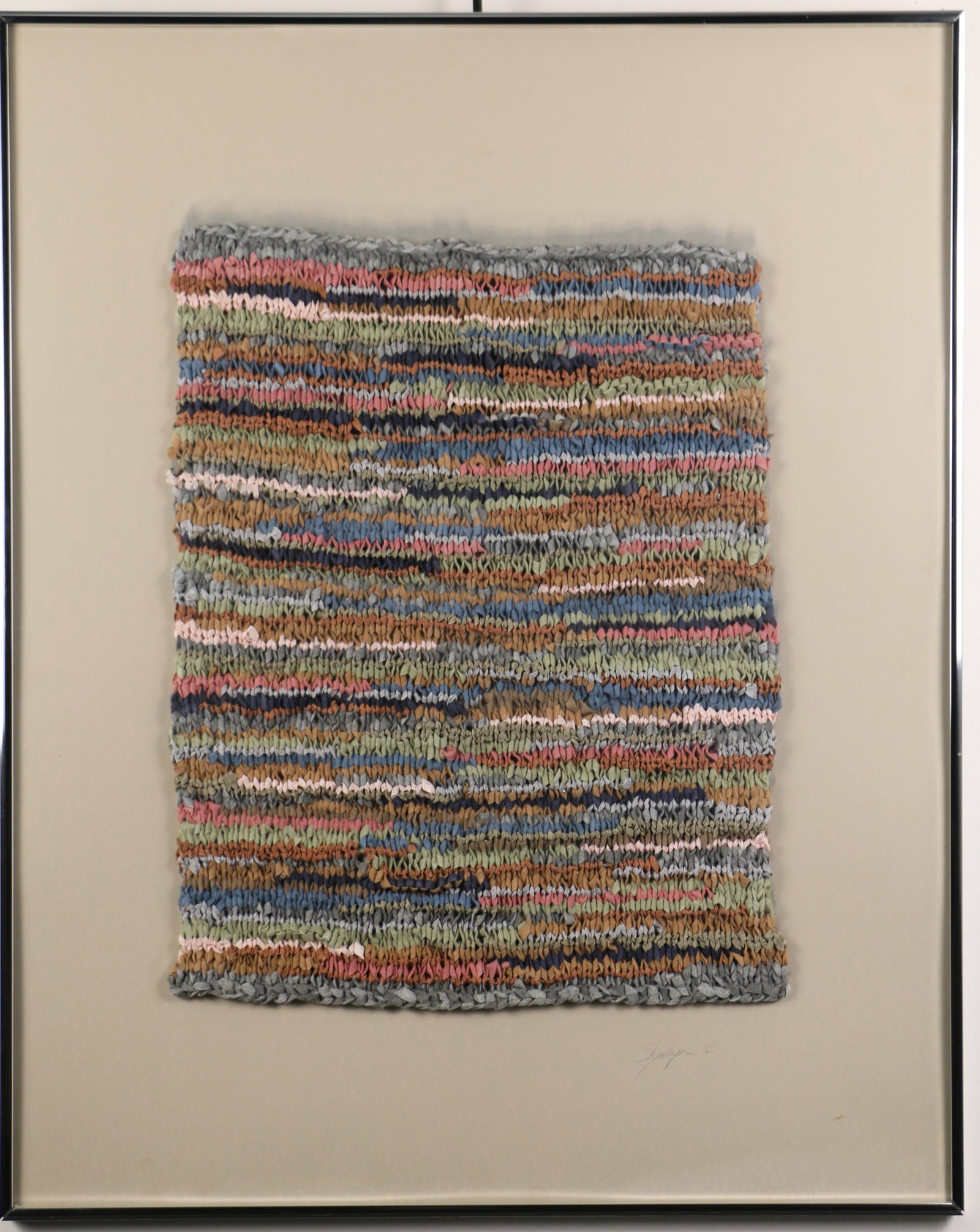Shaelyn, Framed Rug: Framed rug, possibly hooked; Signed "Shaelyn '82" lower right corner; Visible area measures approximately H 19 x W 14 1/2 inches; Frame measures approximately H 30 1/2 x W 24 1/4 x D 1 inches; A dirt 