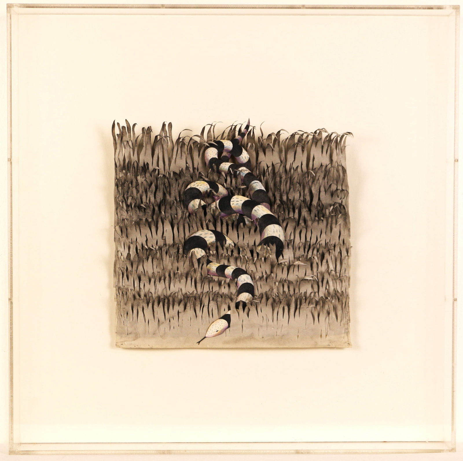 Cassandra Ensberg, 3D Art: 3-D paper art of a snake in grass; Artist signed on lower right corner; Dated 1986; Mounted in an acrylic frame; Visual area measures approximately H 10 x W 11 inches; Frame measures approximately H 2