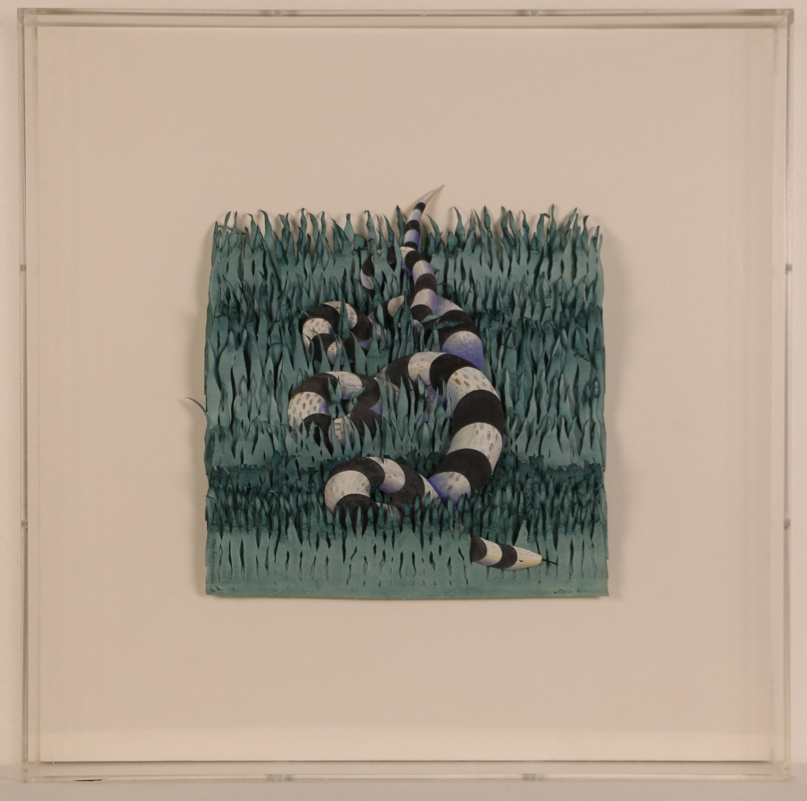 Cassandra Ensberg, 3D Art: 3-D paper art of a snake in grass; Artist signed on lower left corner; Dated 1986; Mounted in an acrylic frame; Visual area measures approximately H 10 x W 10 1/2 inches; Frame measures approximately 