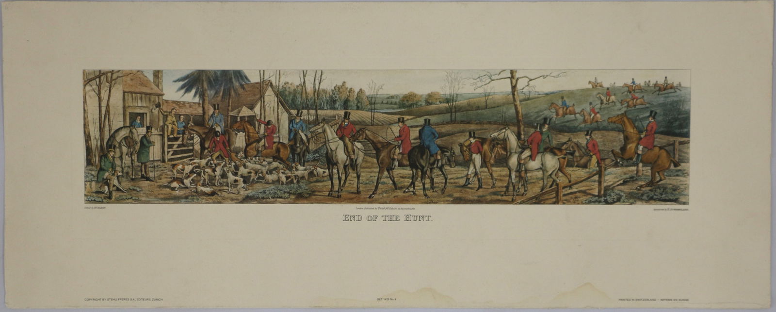 Henry Alken, Etching: Antique etching titled "End of Hunt"; Marked "Etched by Hy Alken", "London Published THO. McLean, 26 Haymarket 1824", "Aquatinted by T. Sutherland", "Printed in Switzerland", "Copyright by Stehli Frer