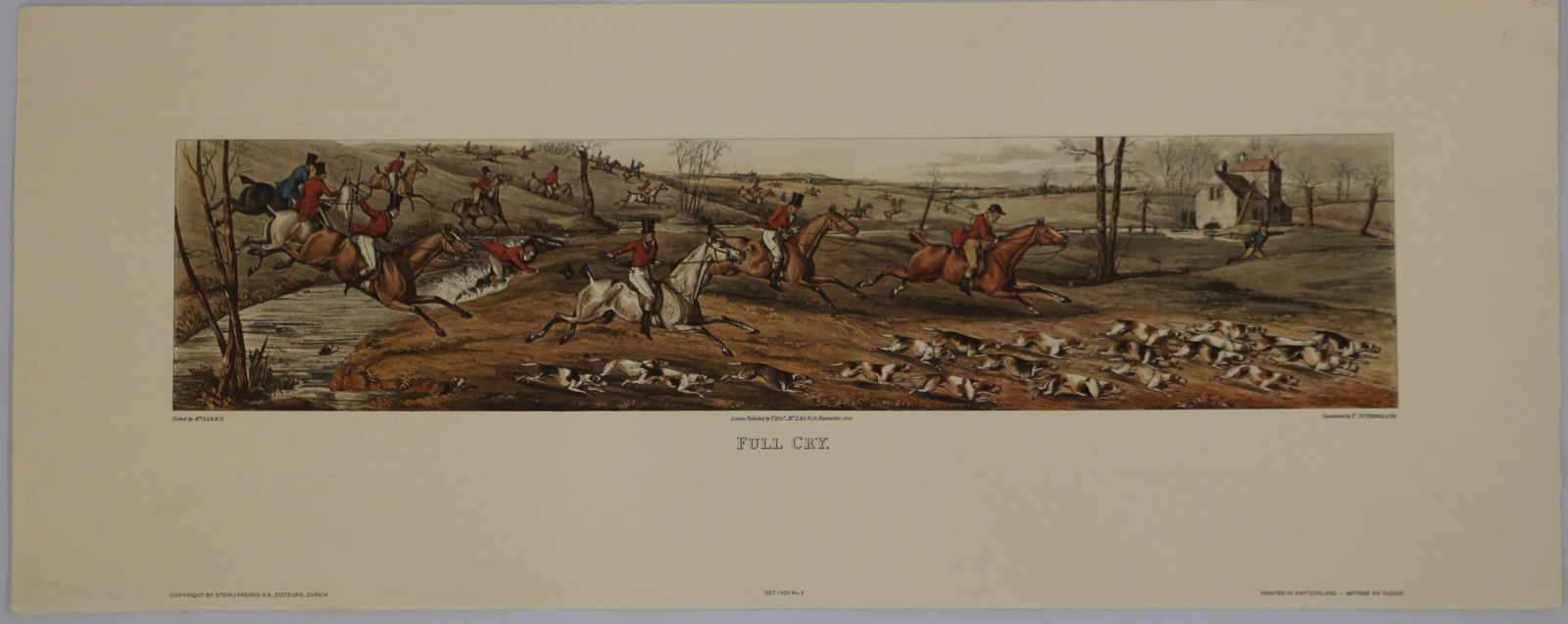 Henry Alken, Etching: Antique etching titled "Full Cry"; Marked "Etched by Hy Alken", "London Published THO. McLean, 26 Haymarket 1824", "Aquatinted by T. Sutherland", "Printed in Switzerland", "Copyright by Stehli Freres