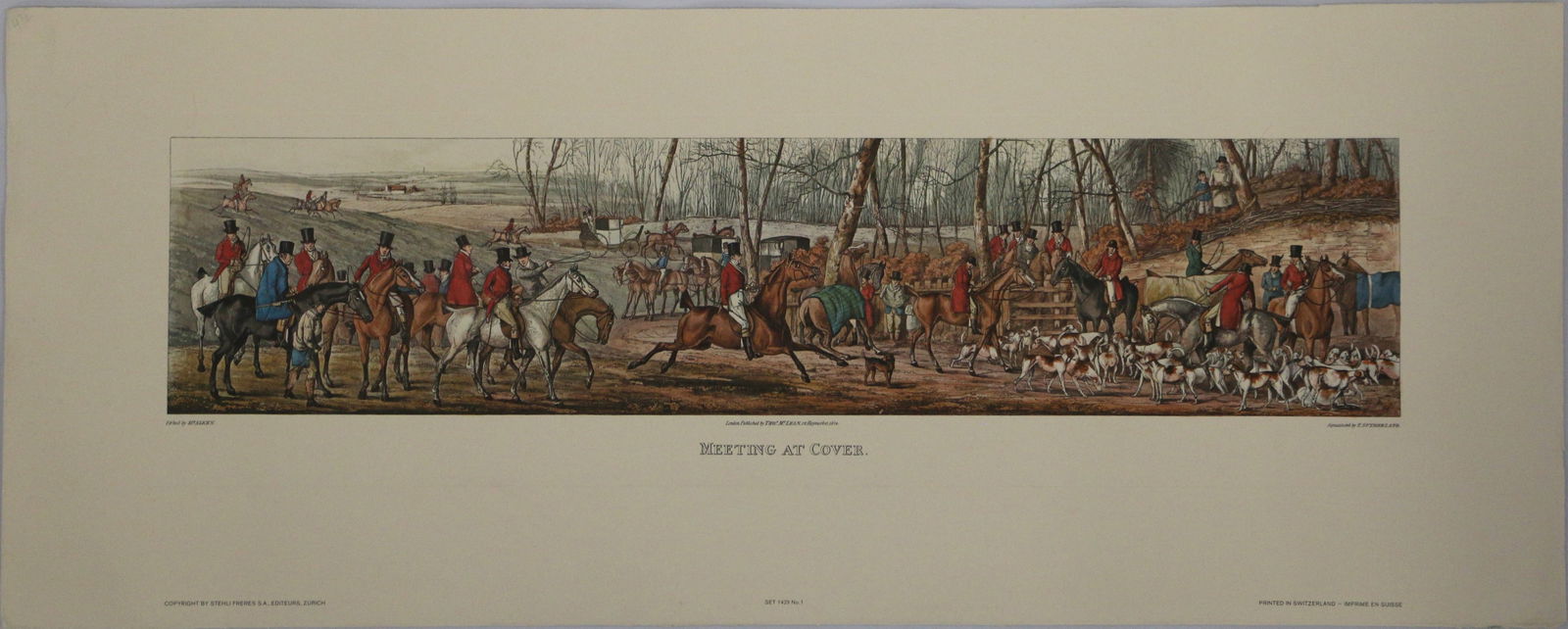 Henry Alken, Etching: Antique etching titled "Meeting at Cover"; Marked "Etched by Hy Alken", "London Published THO. McLean, 26 Haymarket 1824", "Aquatinted by T. Sutherland", "Printed in Switzerland", "Copyright by Stehli