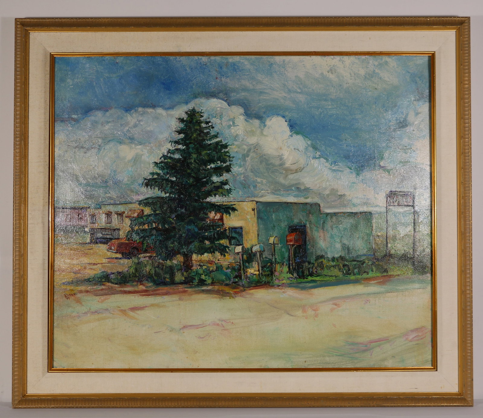 Arthur Knebel, Oil on Canvas: Artist signed "Knebel" left side; Titled "Motel"; Visual area measures approximately H 28 x W 34 inches; Staining on mat and scratches on frame. See photos. Pick up in Denver, CO