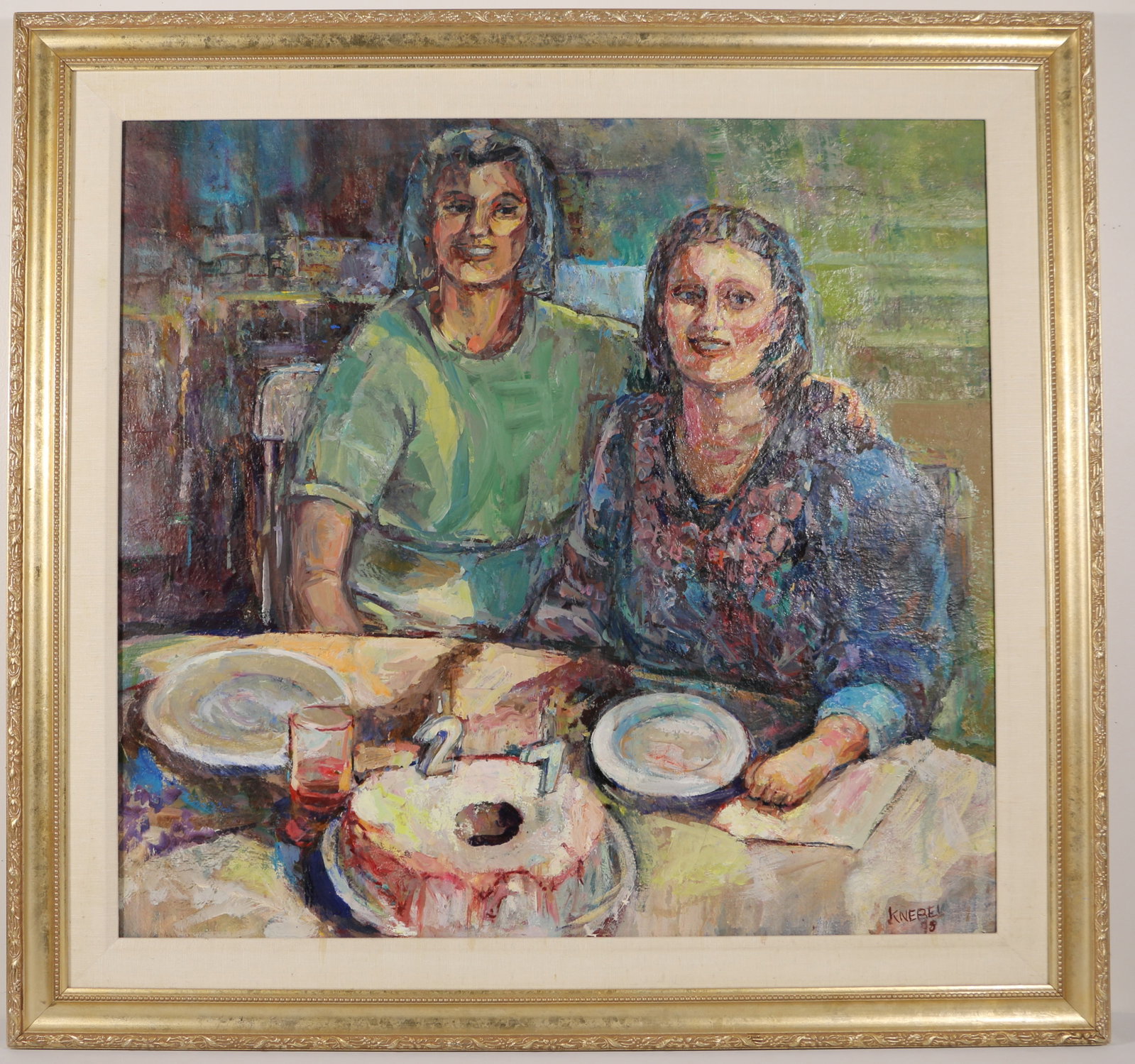 Arthur Knebel, Oil on Canvas: Artist signed "Knebel" lower right corner; Titled "Two Woman At Birthday Table"; Visual area measures approximately H 30 x W 32 inches; Craquelure present; Staining on mat. See photos. Pick up in Denv