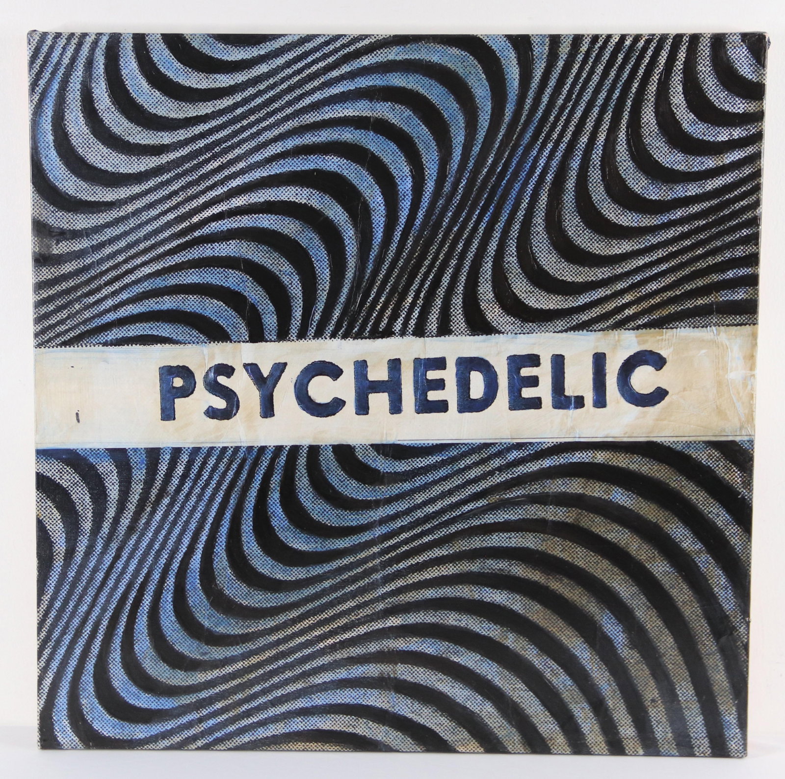 Signed, Mixed Media Artwork: "Psychedelic" mixed media acrylic on canvas art; Some elements decoupaged on the surface; Handwritten date "2012" on back and illegible signature; Measures approximately H 24 x W 24 inches; Preowned i