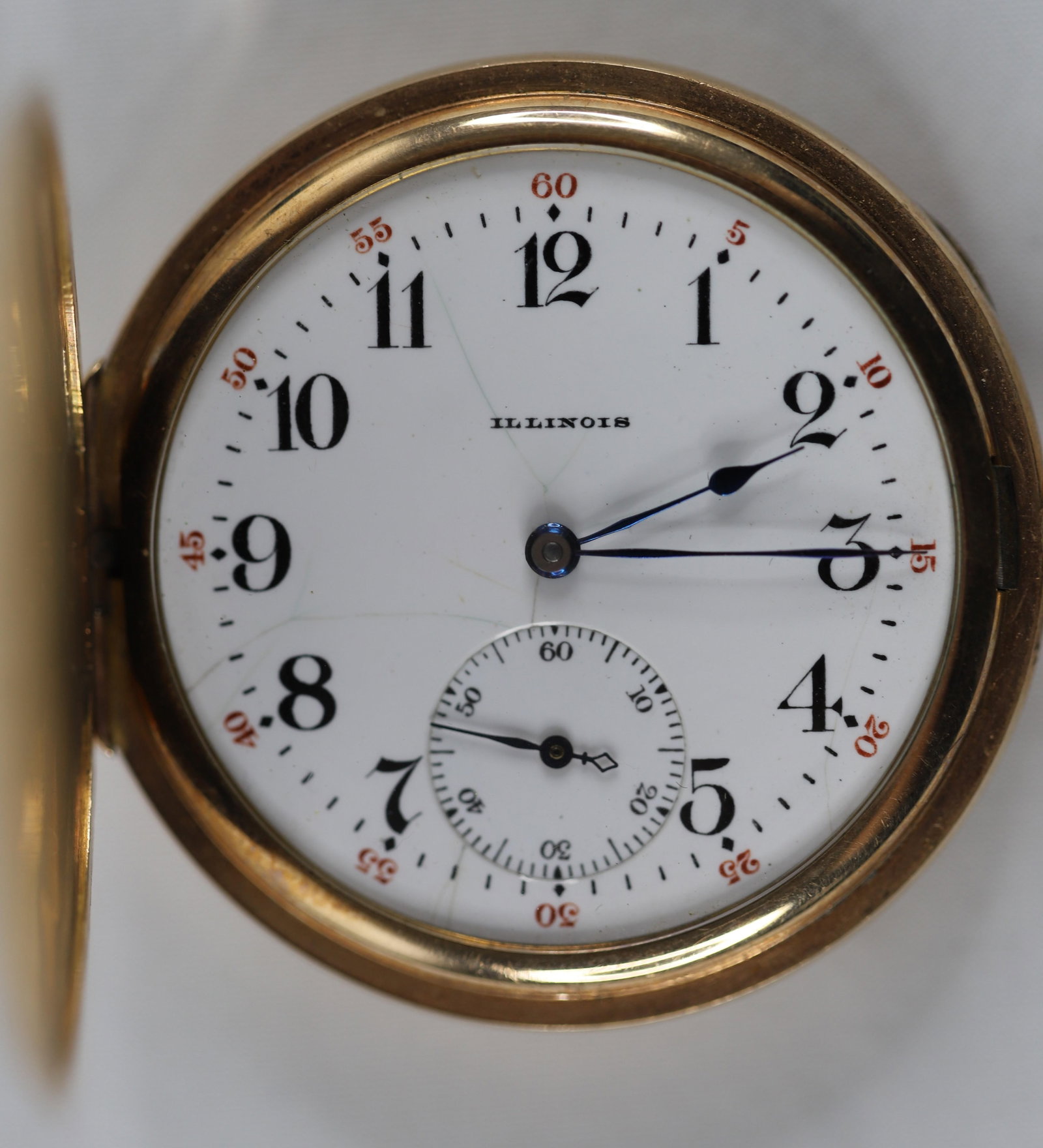 Illinois, Pocket Watch: Vintage pocket watch by Illinois with separate second hand in Keystone case number 8494147; Engraved design on front and back; Measures approximately Diameter 1 3/4 inches; Preowned item with wear com