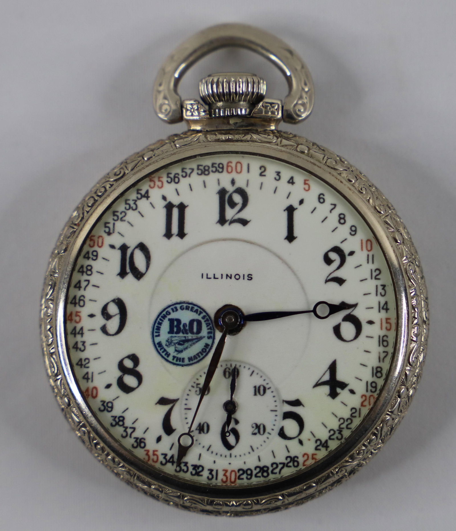 Illinois, Pocket Watch: Vintage pocket watch by Illinois with separate second hand; Commemorating the B&O Railroad; Sentiment on face "Linking 13 great states with the Nation"; Measures approximately Diameter 2 inches; Preow