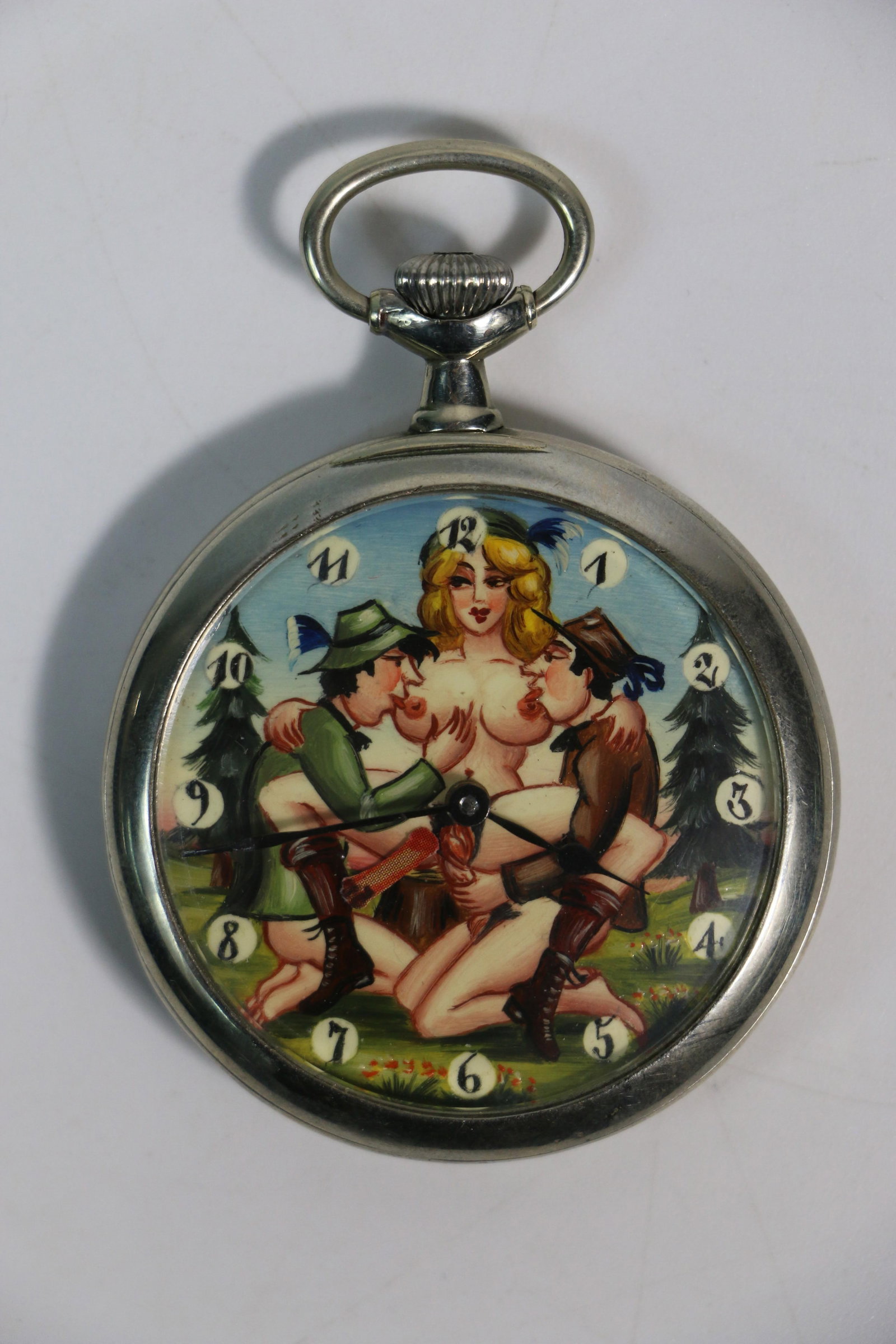 Omega, Antique Erotic Pocket Watch: Erotic, automatron antique pocket watch by Omega; In working condition; Early 1900s; Measures approximately Diameter 1 1/2 inches; Preowned item with wear commensurate with age; No damage observed. Se