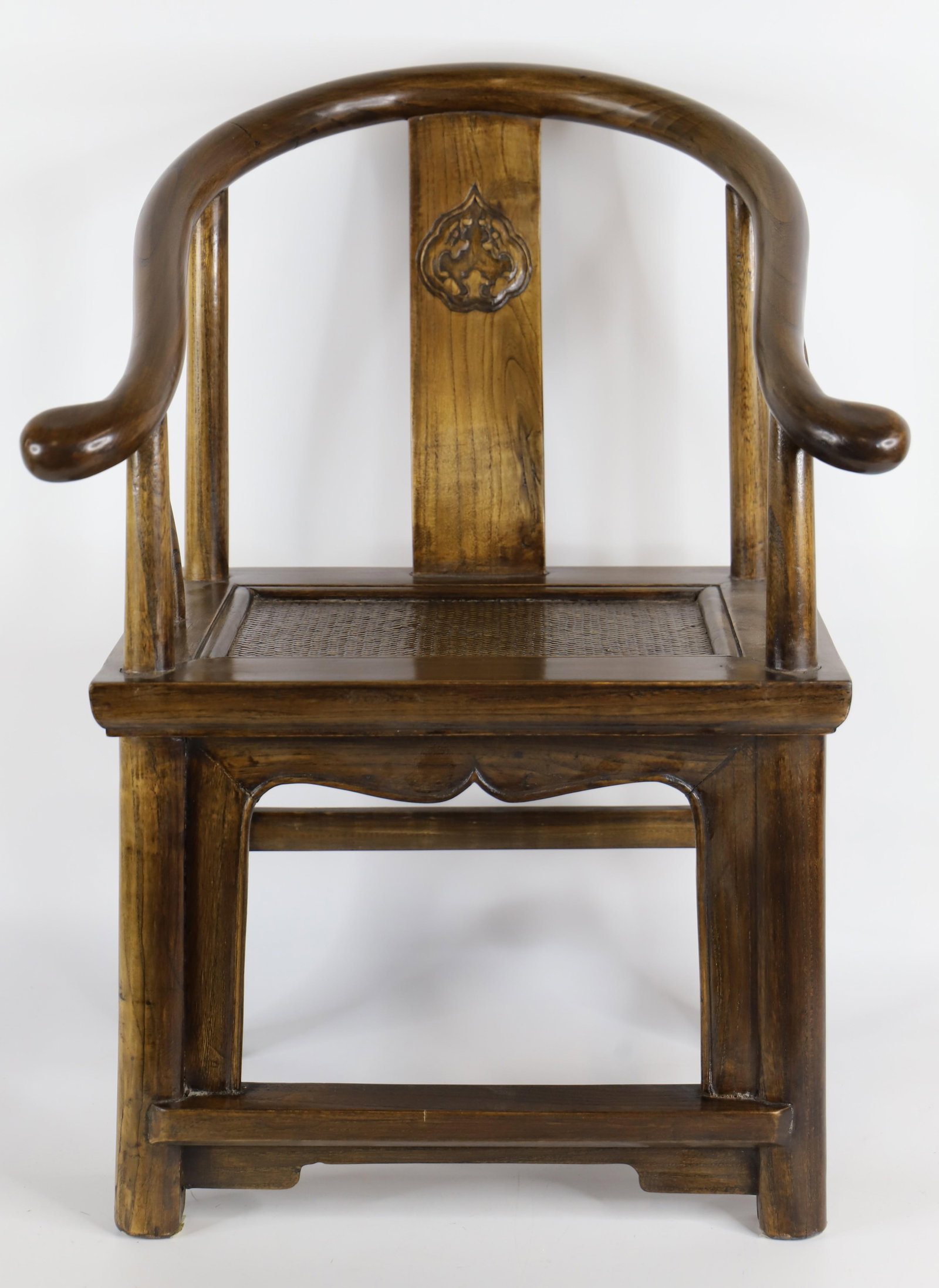 Chinese Horseshoe Back, Child's Chair: Wood chair with horse shoe back and carved wood seat; No maker marks observed; Measures approximately H 23 x W 16 x D 11 inches; Crack in horseshoe; Wear commensurate with age. See photos