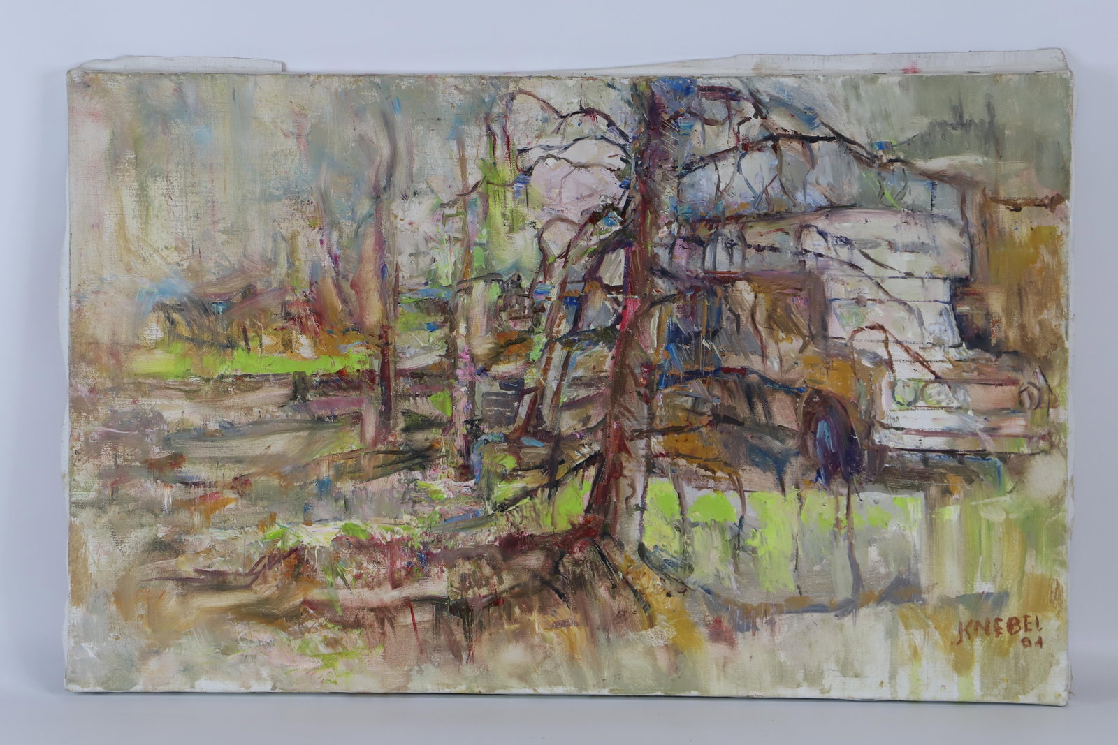 Arthur Knebel Painting: Unframed painting on canvas; Artist signed lower right corner and dated "04"; Measures approximately H 20 x W 32 inches; No damage observed. See photos