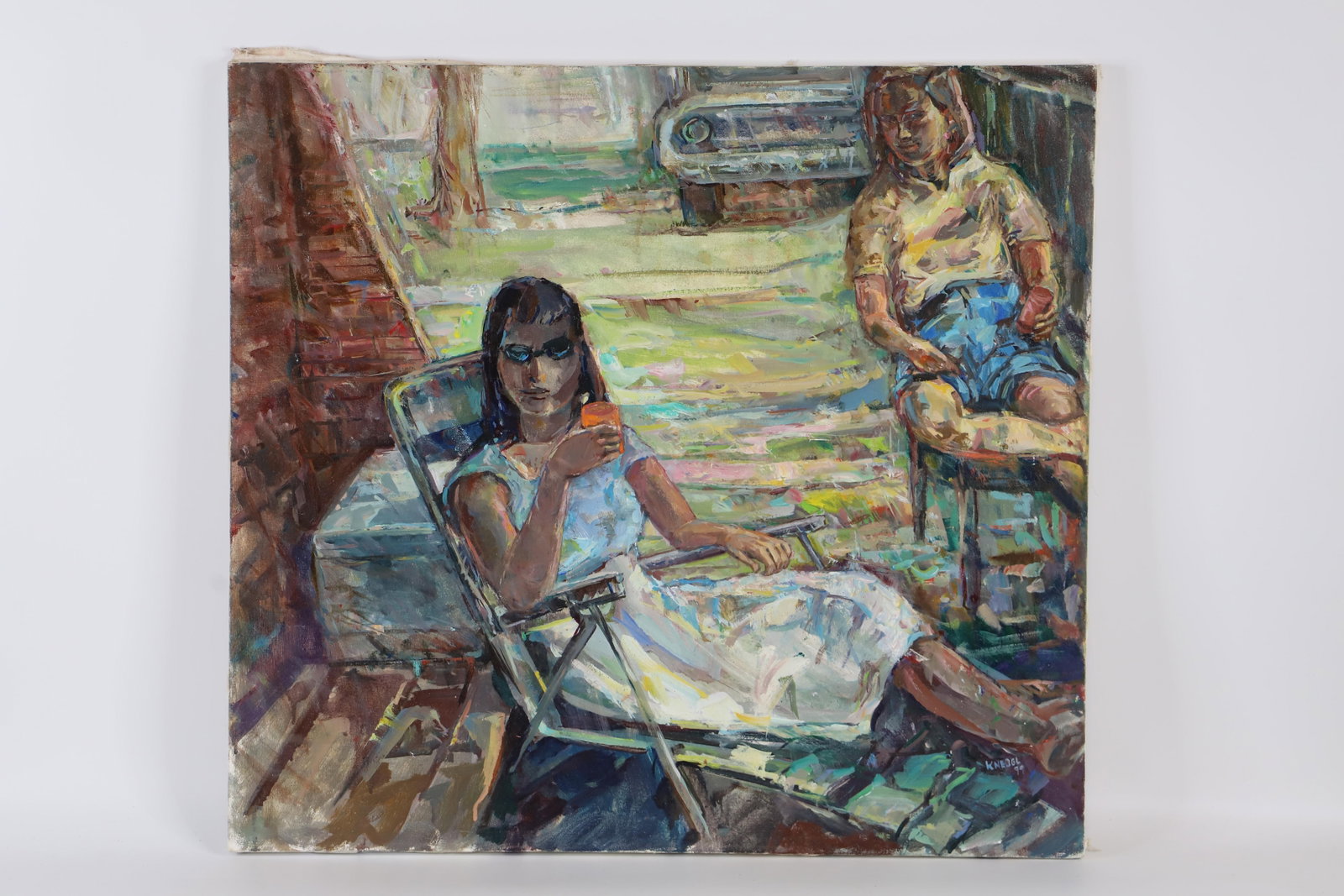 Arthur Knebel Painting: Unframed painting on canvas; Artist signed lower right corner and dated "99; Measures approximately H 24 x W 26 inches; No damage observed. See photos