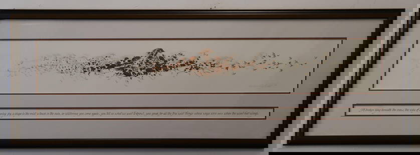 Bev Doolittle, Signed Print: Framed Bev Doolittle print titled "When the Wind had Wings"; Artist signed lower right corner; Limited edition number 38555/57500; Visual area measures approximately H 7 x W 46 inches; Small nick in f