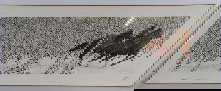 Bev Doolittle, Signed Print: Unframed Bev Doolittle print titled "Sacred Ground"; Artist signed lower right corner; Limited edition number 50731/69996; Dated 1989; Visual area measures approximately H 11 1/2 x W 39 inches; No dam