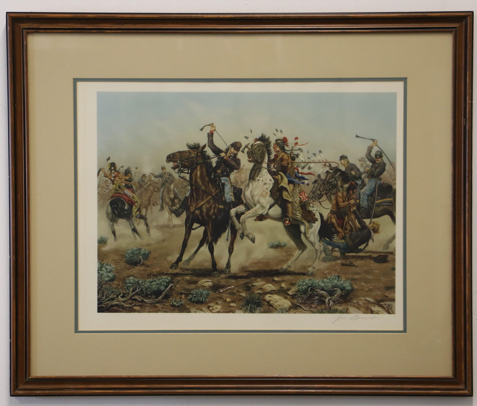 Joe Ruiz Grandee, Signed Print: Native American / military themed print title "Death to Long Knives"; Artist signed lower right corner; Dated 1972; Visual area measures approximately H 16 x W 21 1/2 inches; Frame has scratches. See